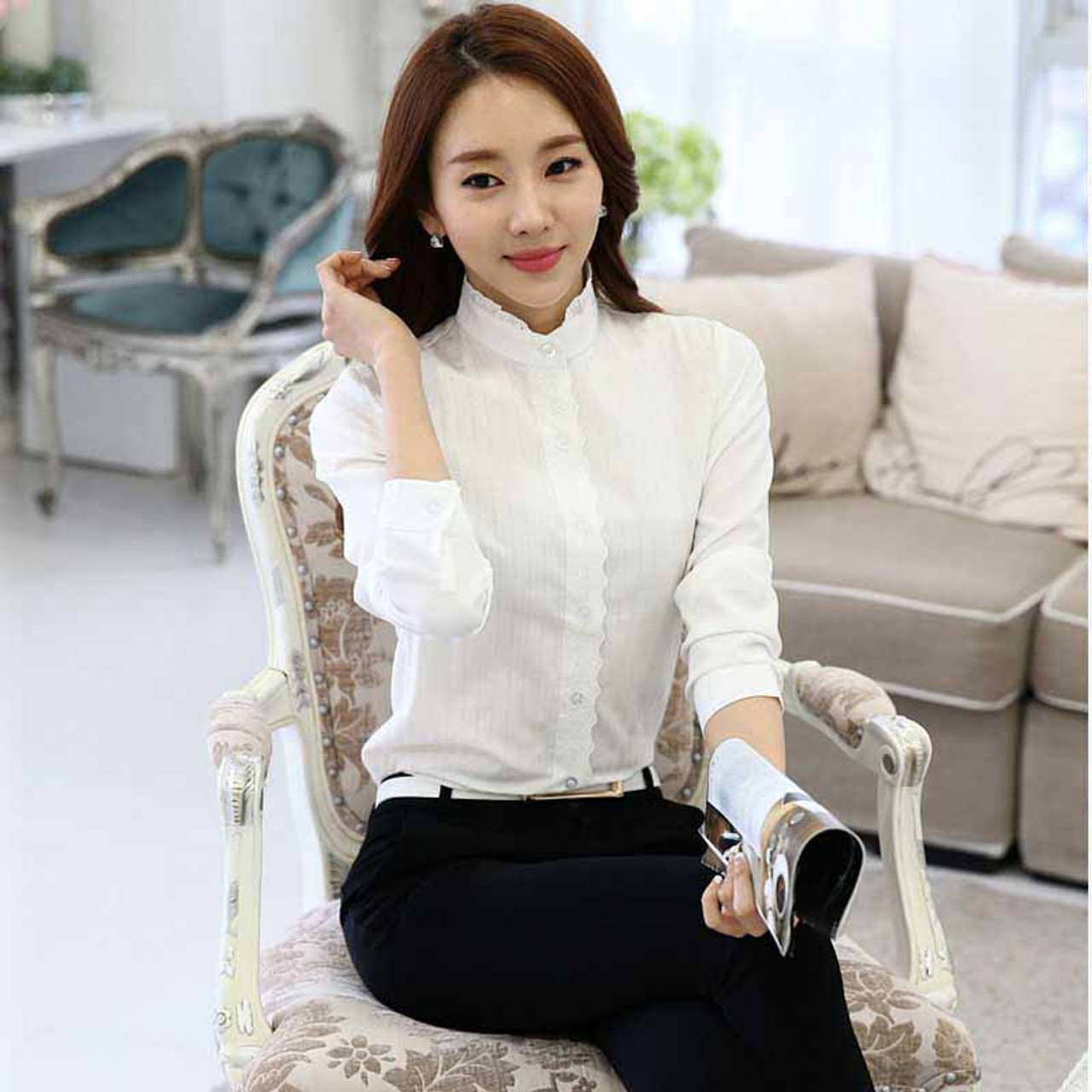 White embroidery lace long sleeve cotton shirt | Womens tops shirts ...