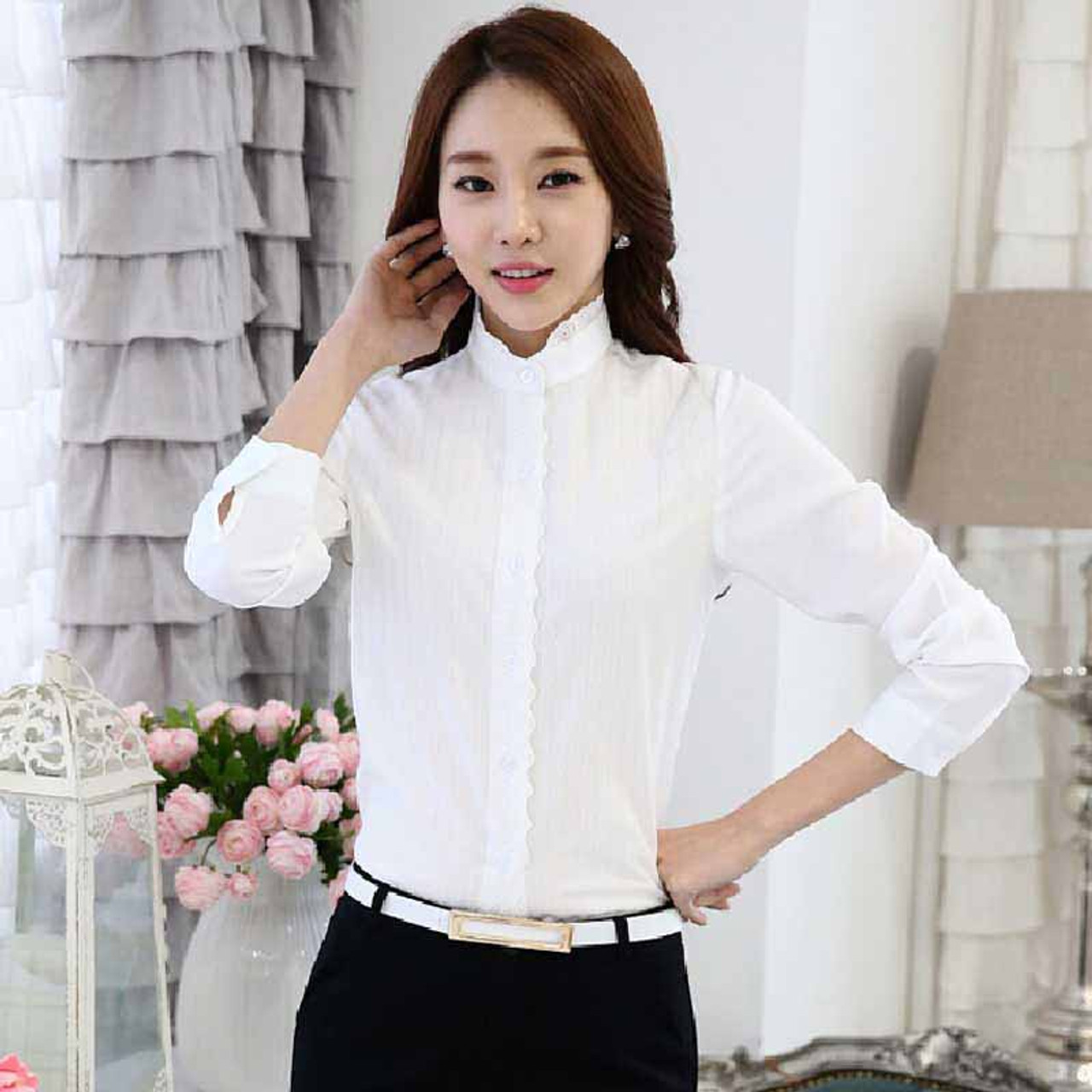 White embroidery lace long sleeve cotton shirt | Womens tops shirts ...
