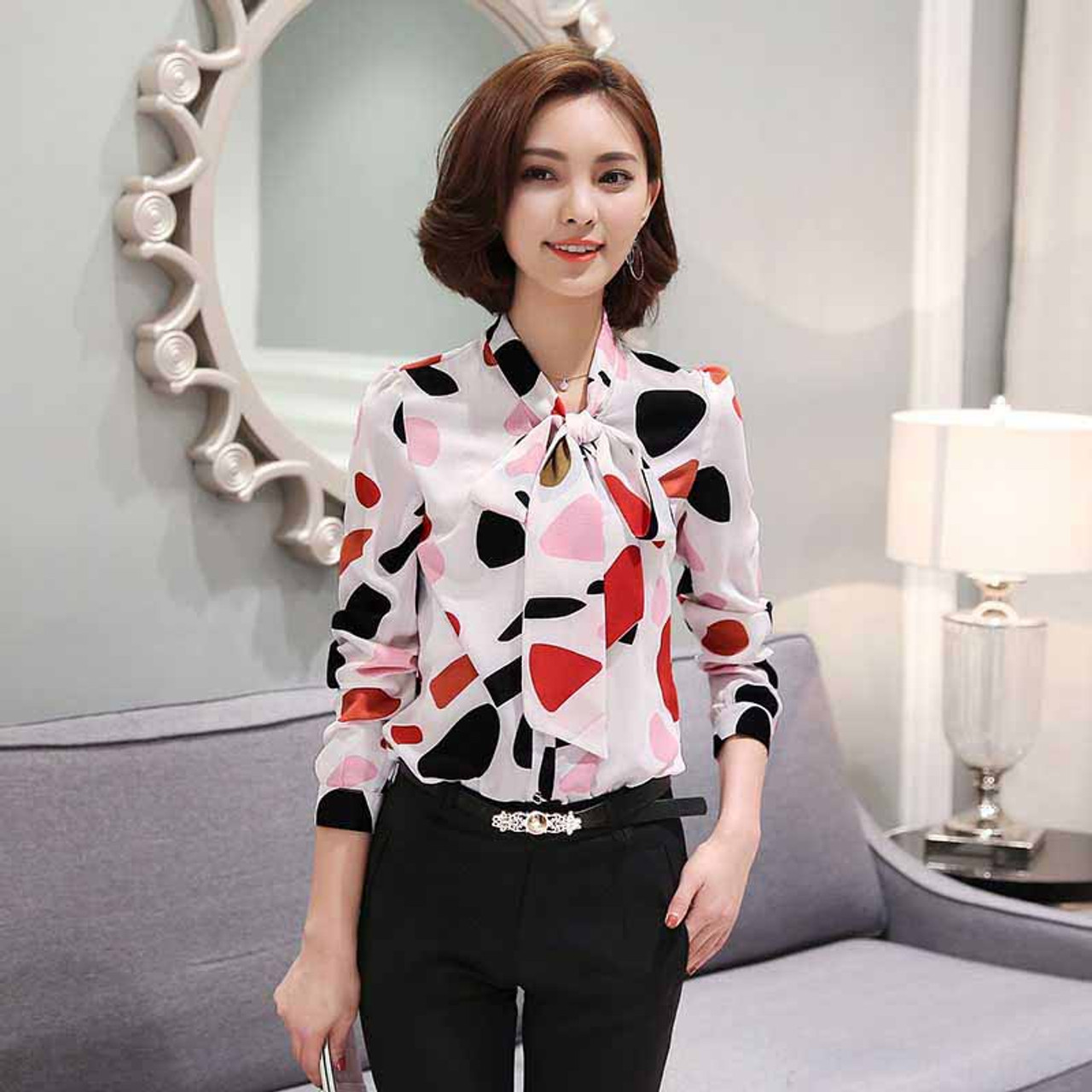 White Red pattern butterfly necktie long sleeve shirt | Womens tops ...