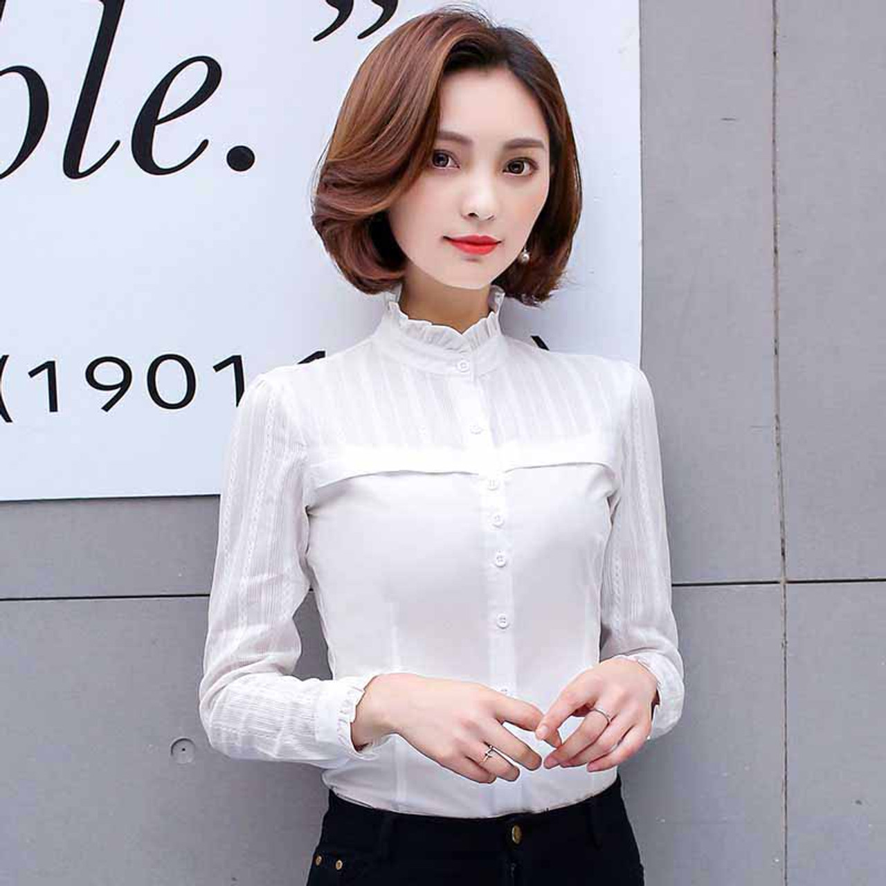 White lace stripe long sleeve cotton button shirt