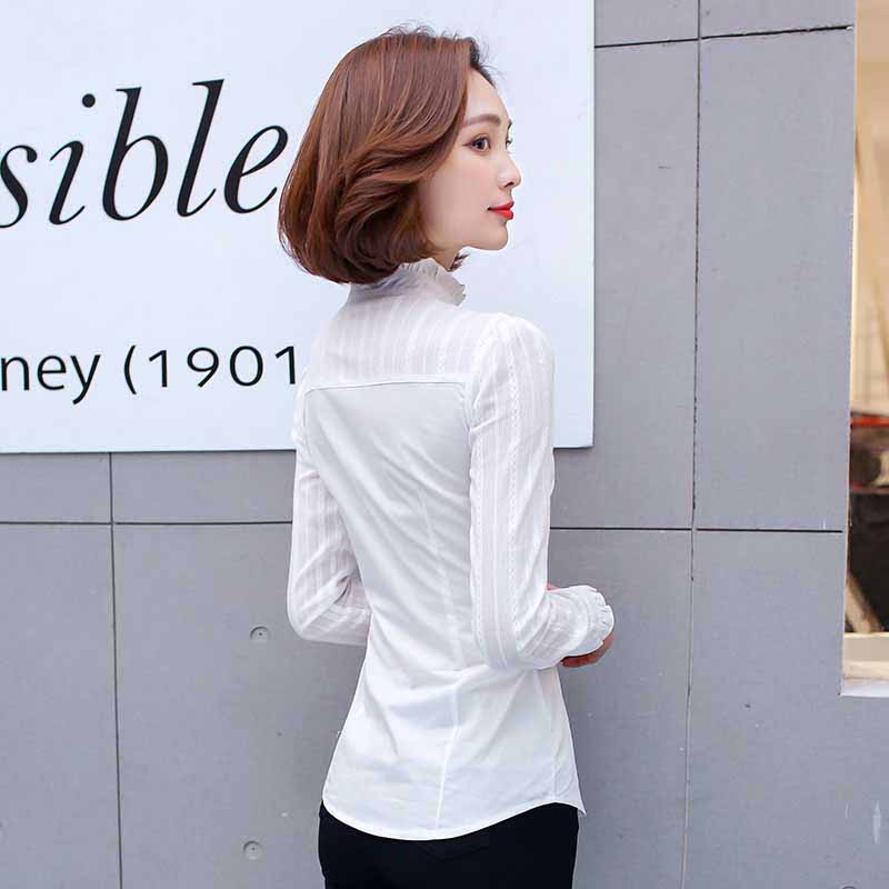 White lace stripe long sleeve cotton button shirt Womens tops shirts