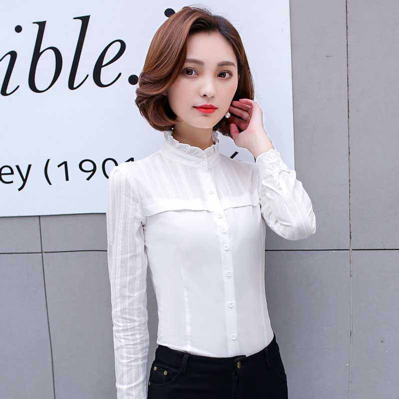 White lace stripe long sleeve cotton button shirt | Womens tops shirts ...