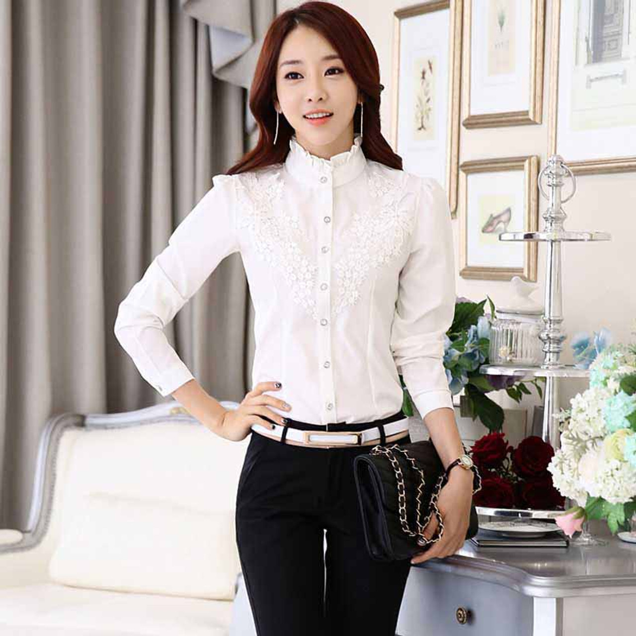 White floral lace long sleeve button shirt