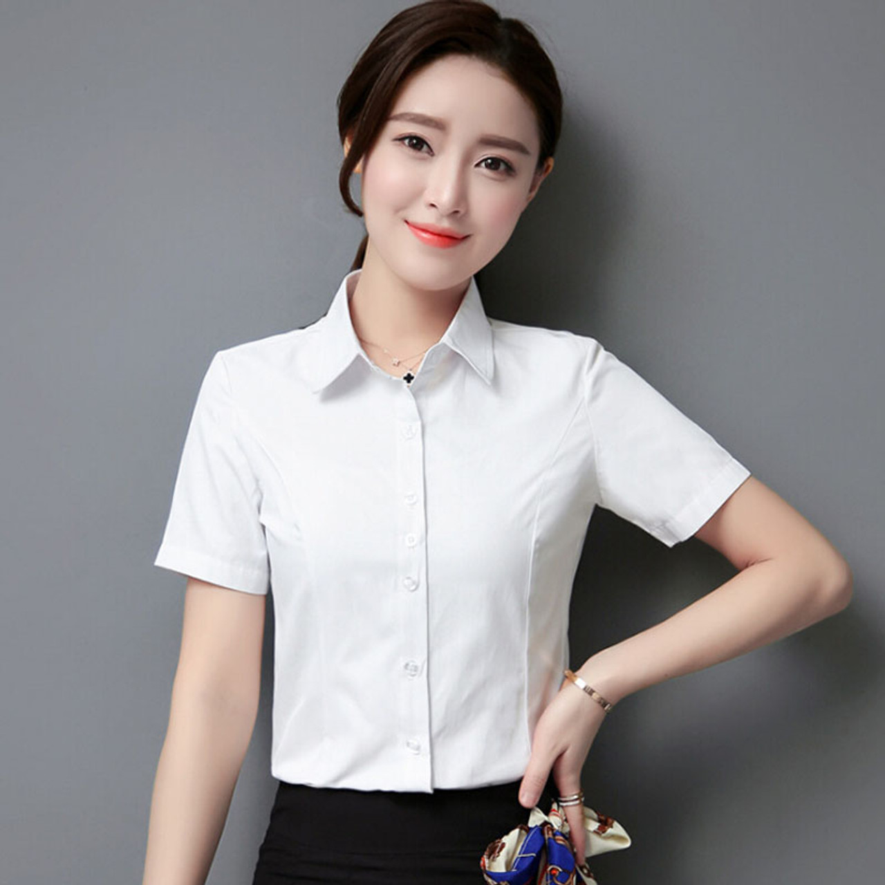 White simple plain color short sleeve cotton shirt | Womens tops shirts  online 1108WCLO