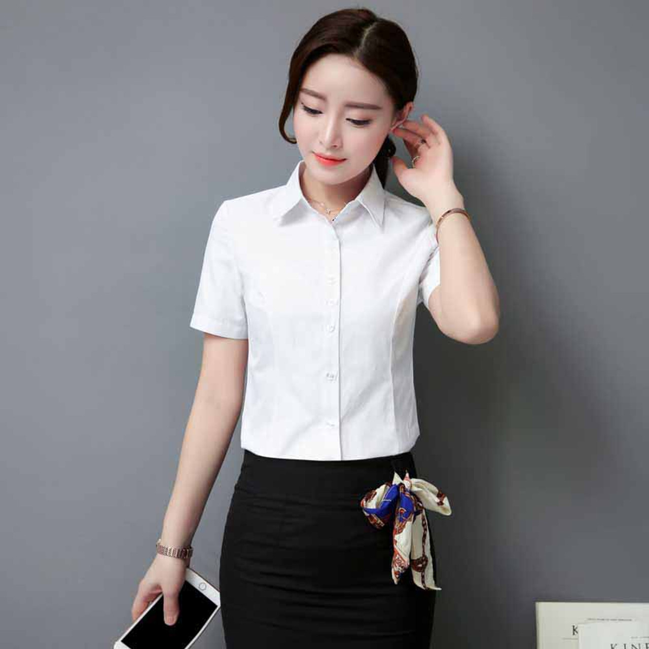 White simple plain color short sleeve cotton shirt | Womens tops shirts ...