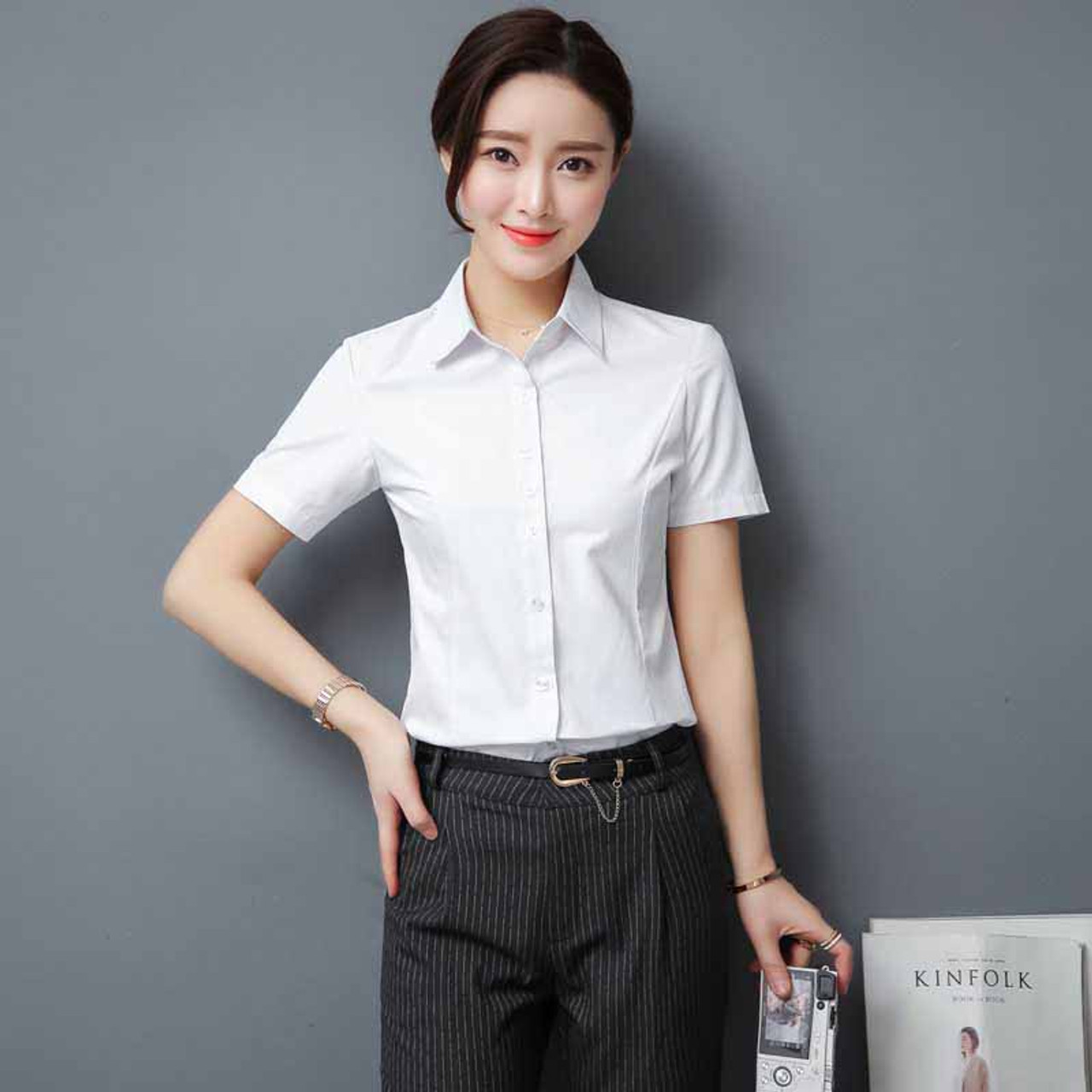 White simple plain color short sleeve cotton shirt | Womens tops shirts ...