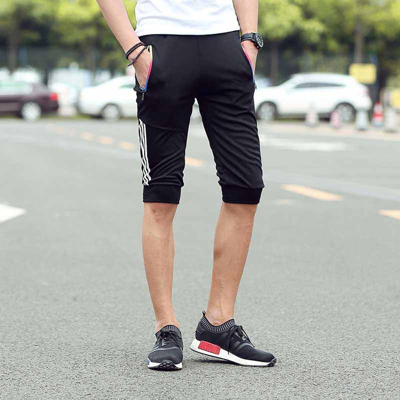 Black short casual stripe pattern stretch waist | Mens shorts online 1003MP