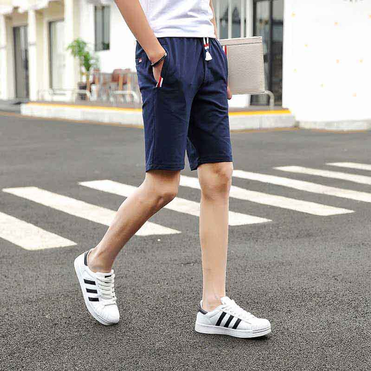 Navy Short Color Stripe Casual Elastic Waist Mens Shorts Online