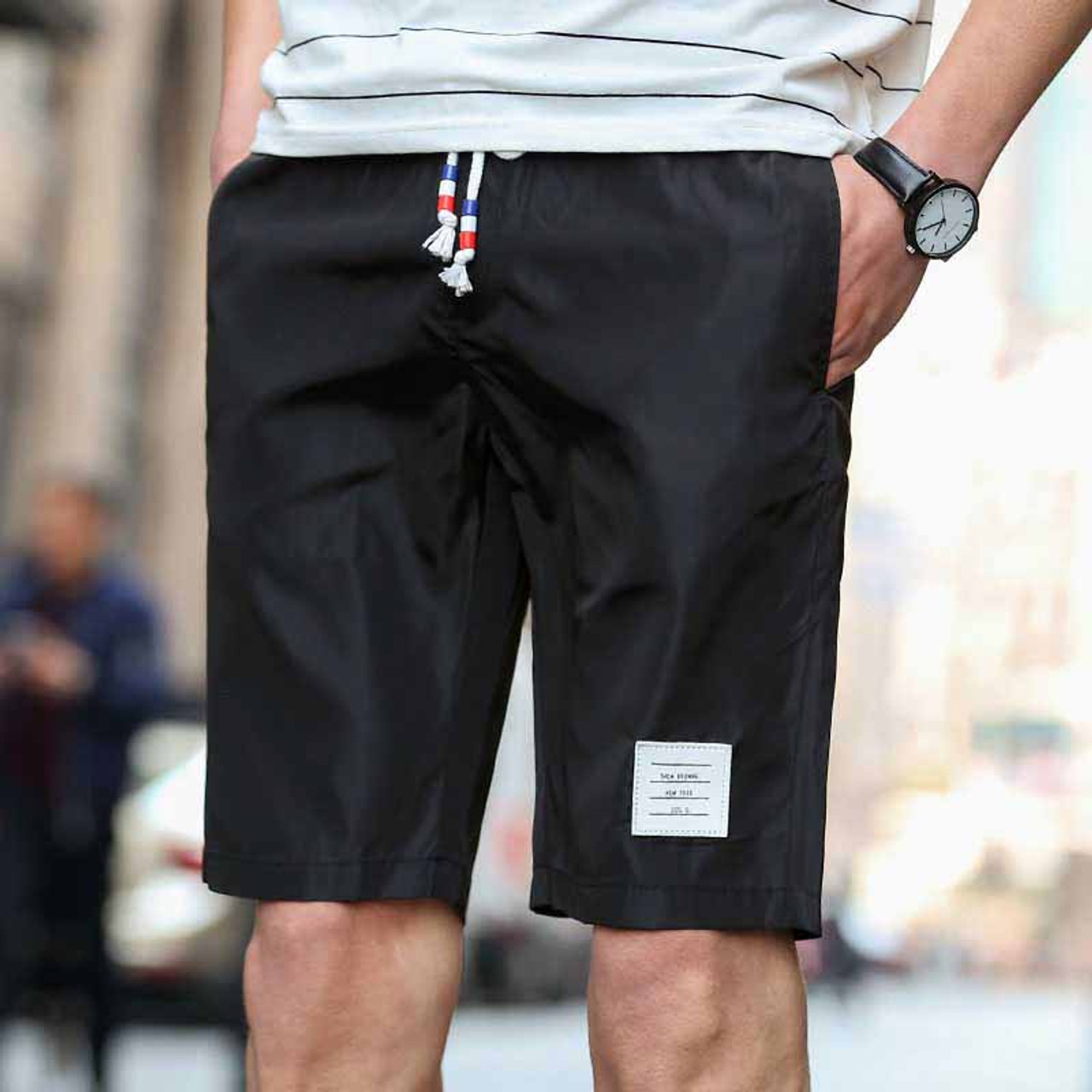 Black short casual label print elastic waist | Mens shorts online 1007MP