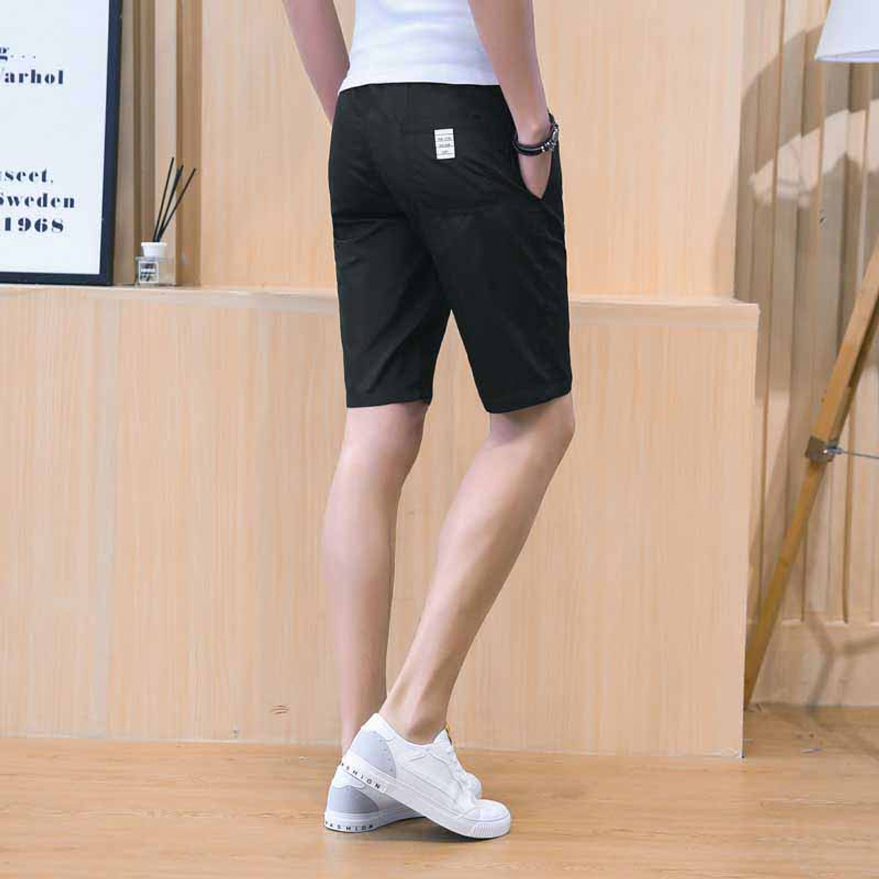 Black short casual label print elastic waist | Mens shorts online 1007MP