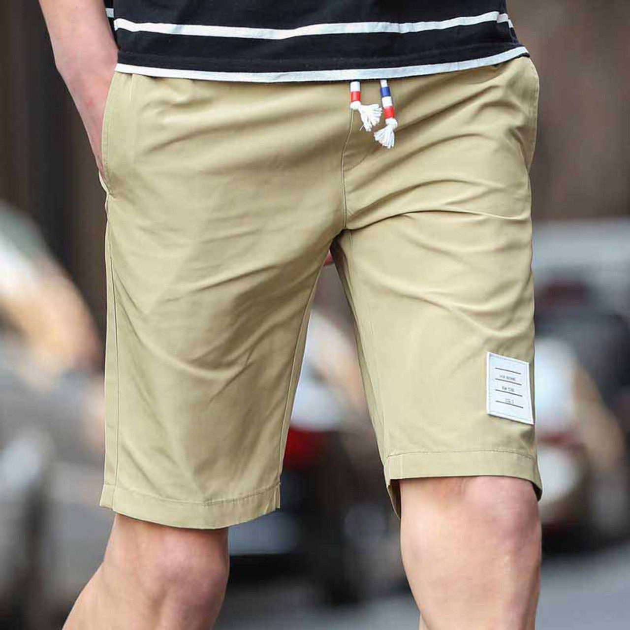 Khaki short casual label print elastic waist | Mens shorts online 1007MP