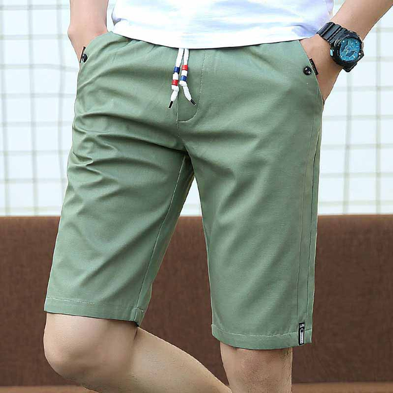 Green short casual label print stretch waist | Mens shorts online 1008MP