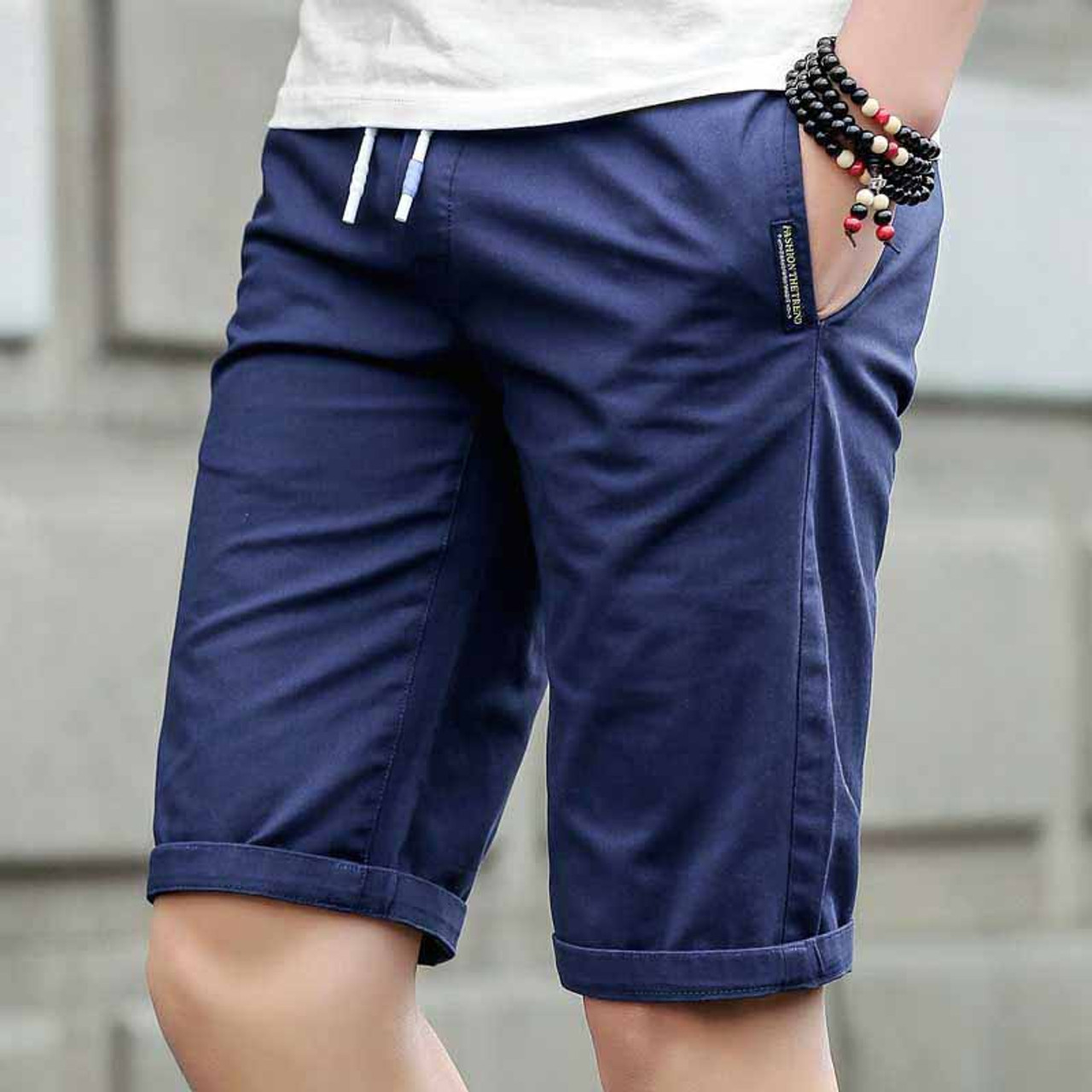 Navy blue short casual label print stretch waist | Mens shorts online ...
