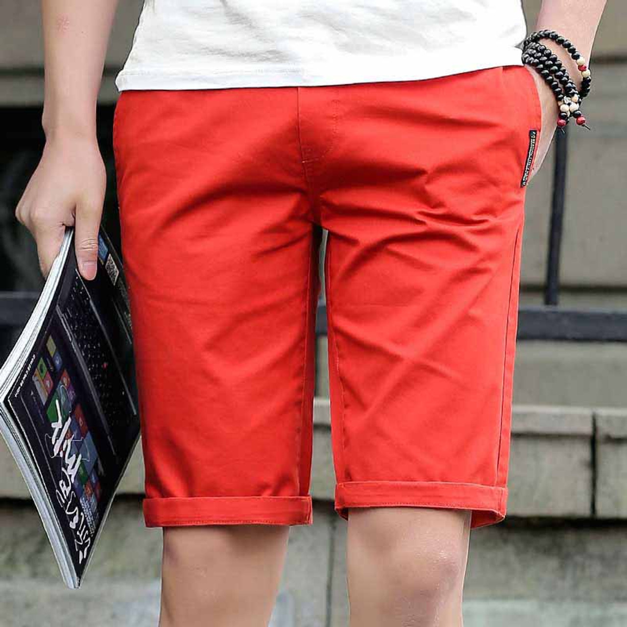 Orange red short casual label print stretch waist | Mens shorts online ...