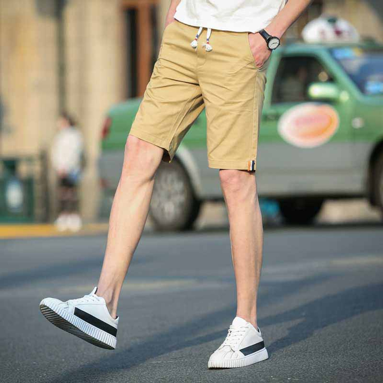 Khaki short casual color stripe elastic waist | Mens shorts online 1013MP