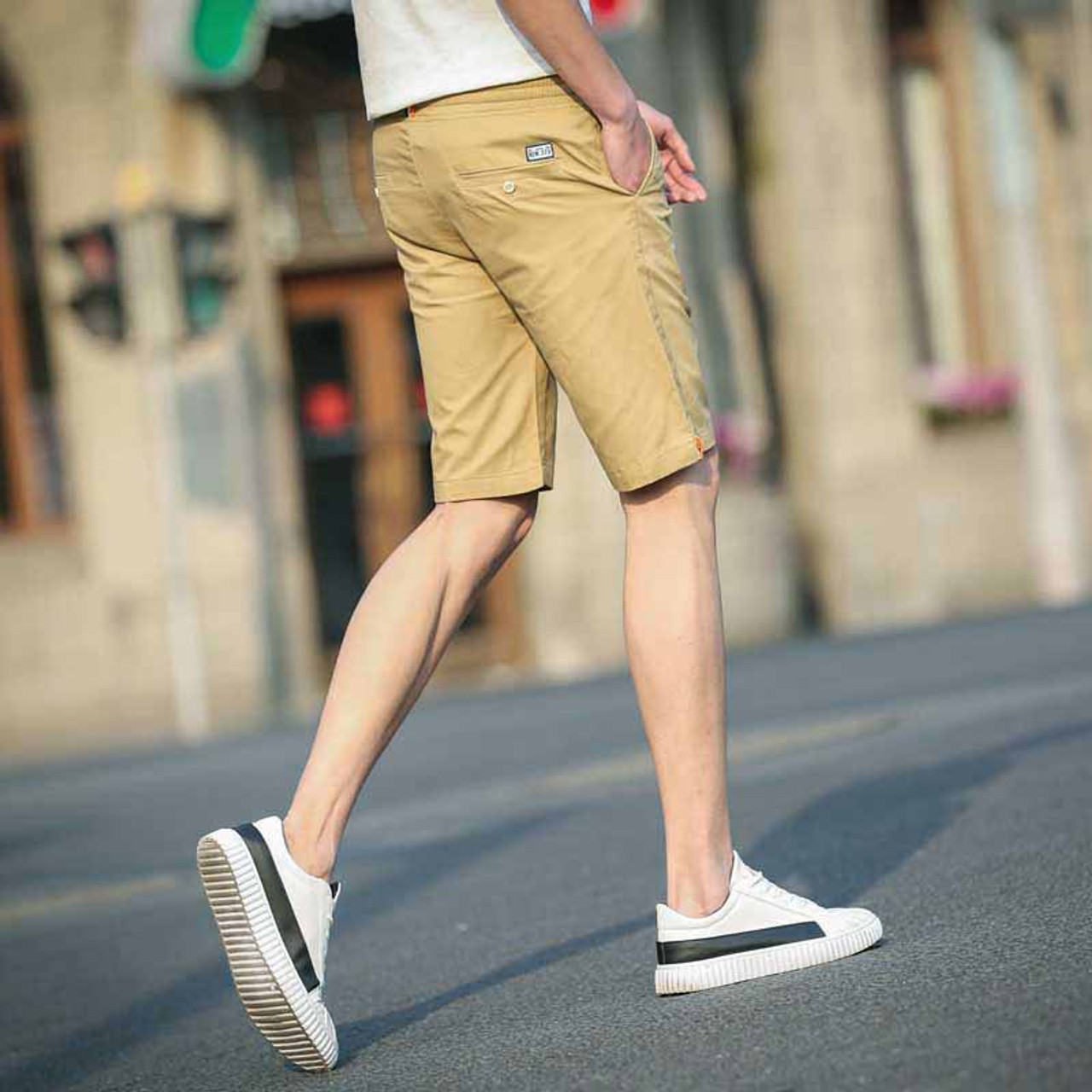 Khaki short casual color stripe elastic waist | Mens shorts online 1013MP