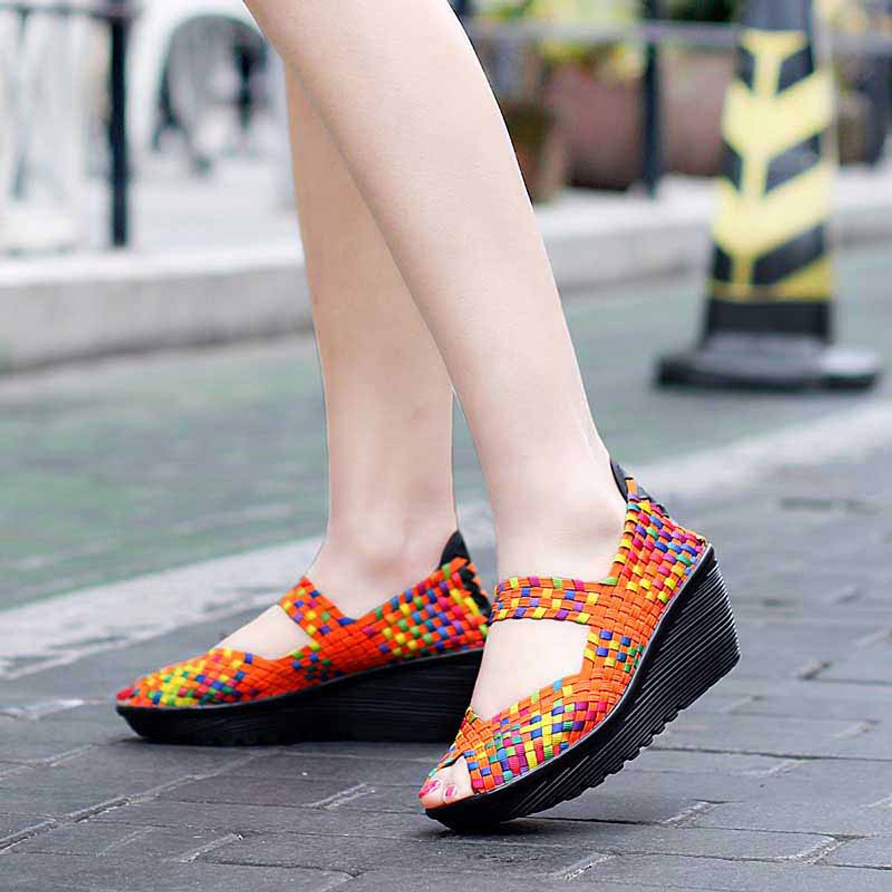 Orange rainbow check weave slip on wedge shoe sandal | Womens shoe ...