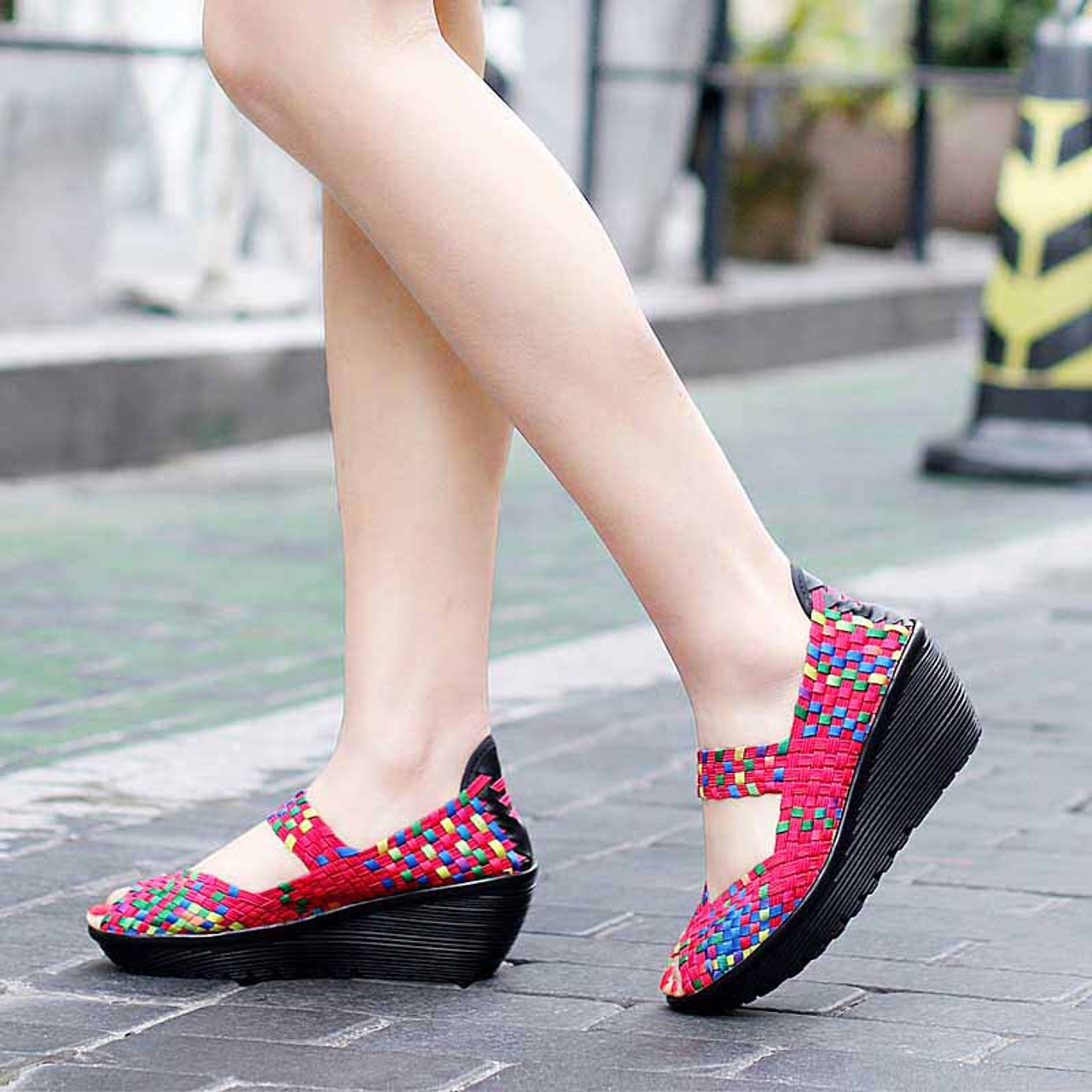 Red rainbow check weave slip on wedge shoe sandal | Womens shoe sandals ...