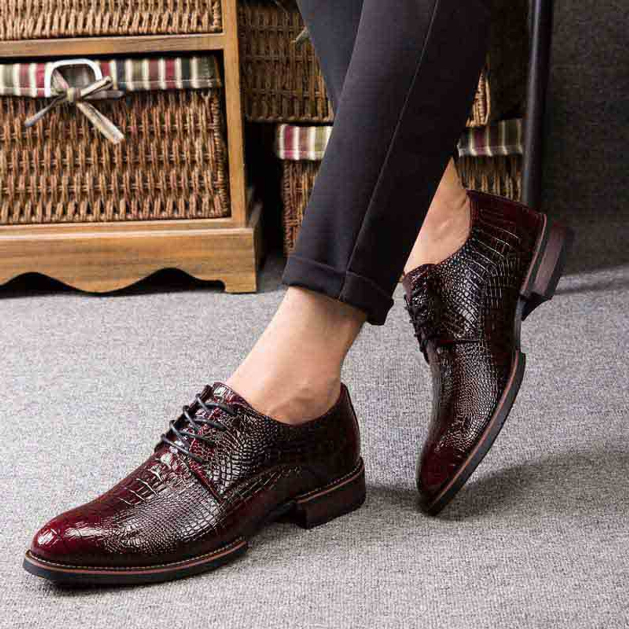 Red crocodile pattern derby lace up dress shoe | Mens dress shoes ...