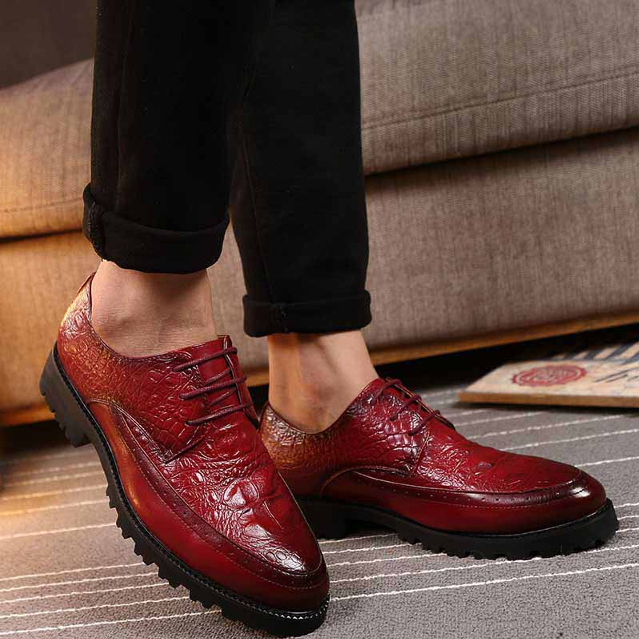 Red brogue crocodile derby lace up dress shoe | Mens dress shoes online ...
