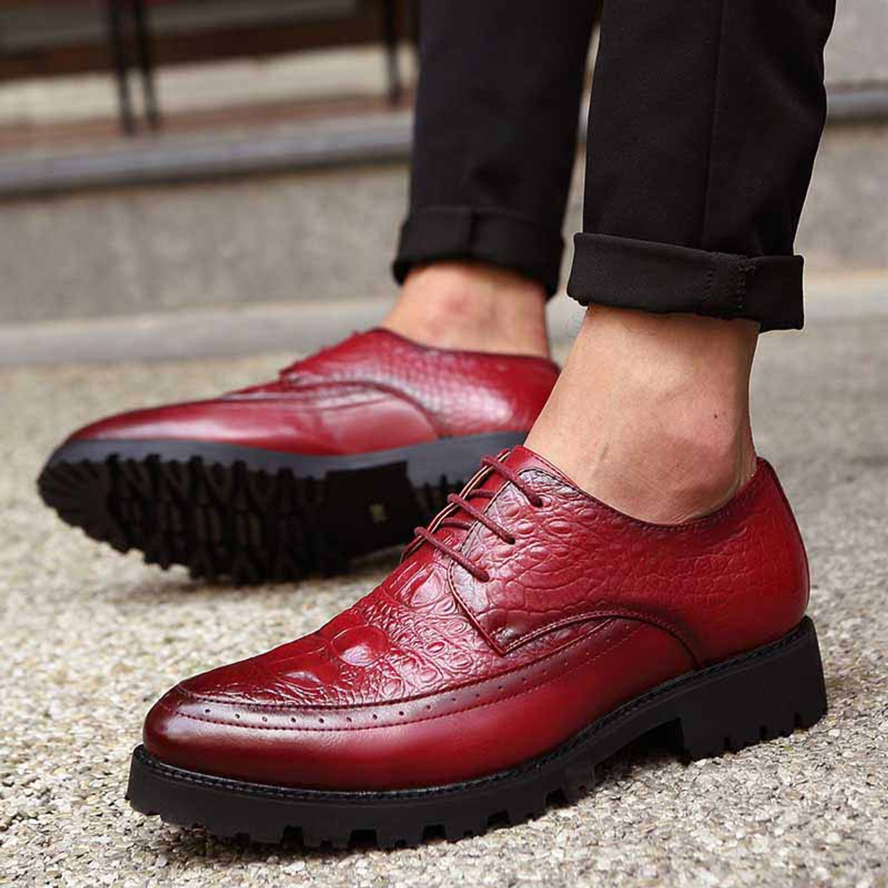 Red brogue crocodile derby lace up dress shoe | Mens dress shoes online ...