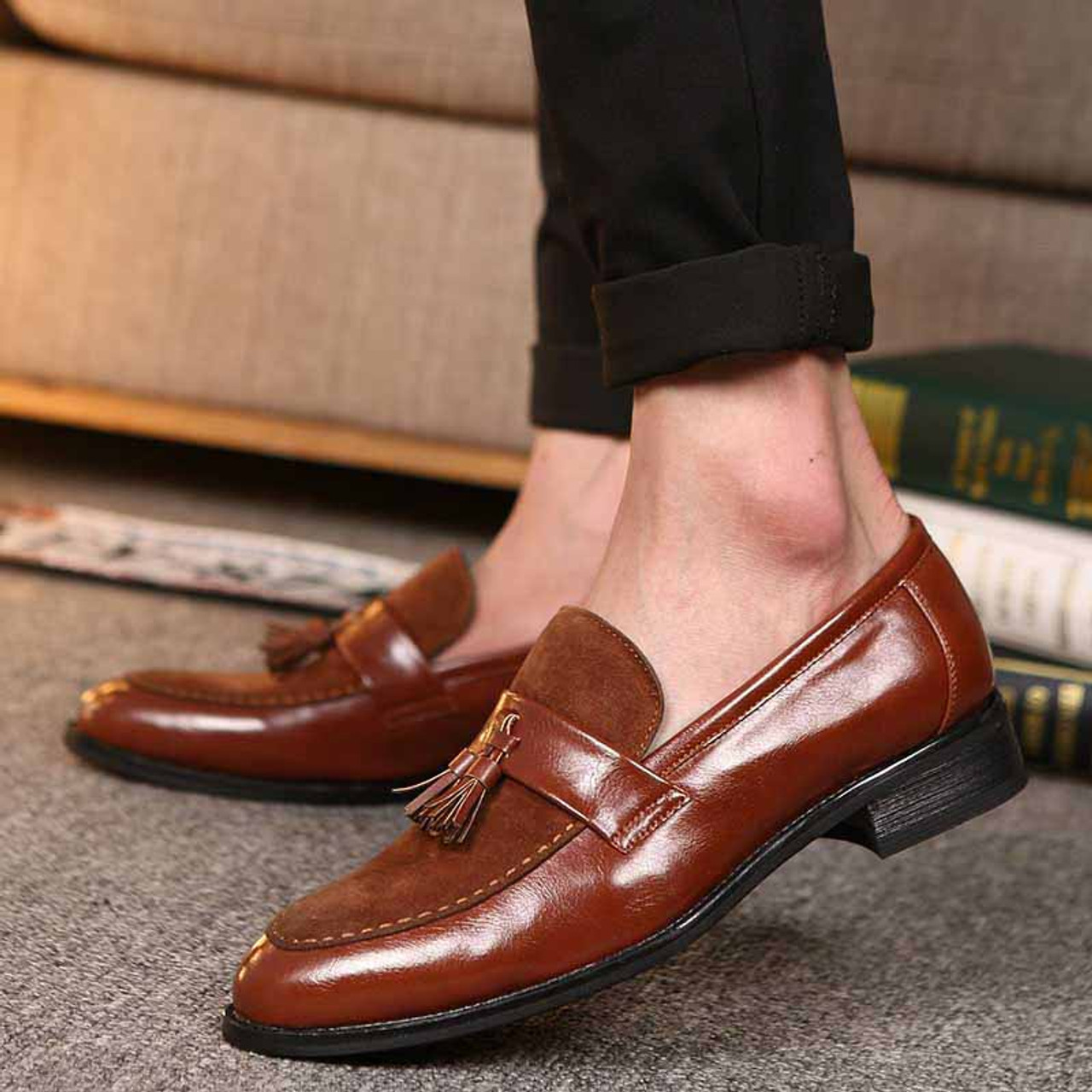 Brown suede leather vamp tassel slip on dress shoe | Mens dress shoes ...