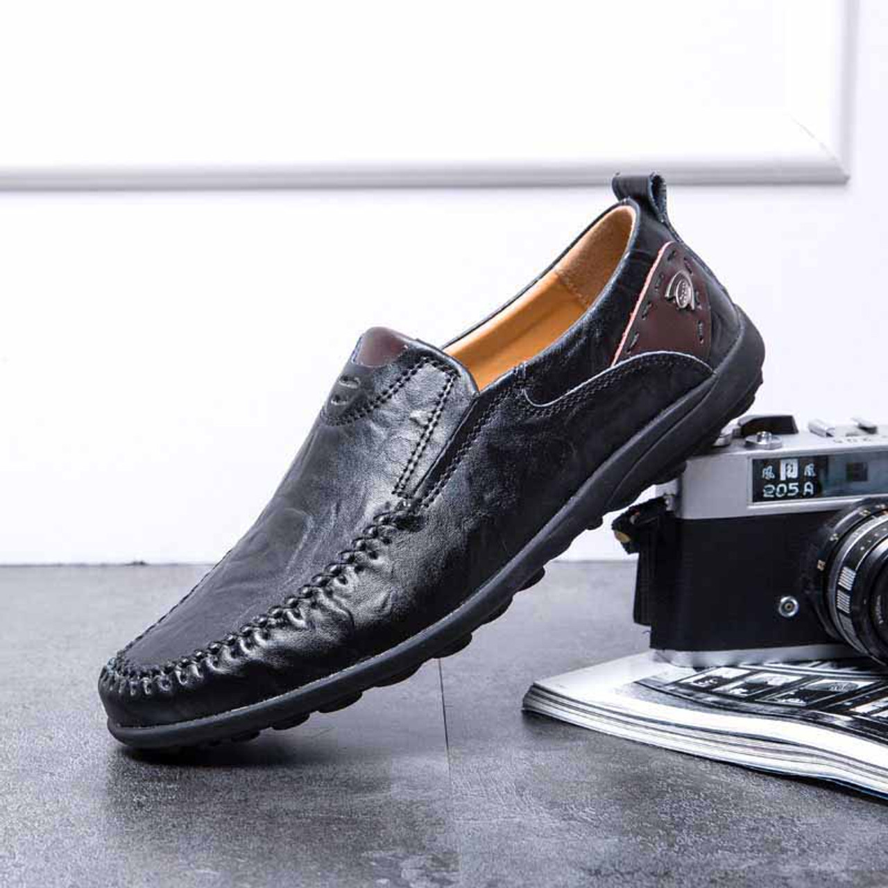 Black ornament decorated urban slip on shoe loafer | Mens shoe loafers ...