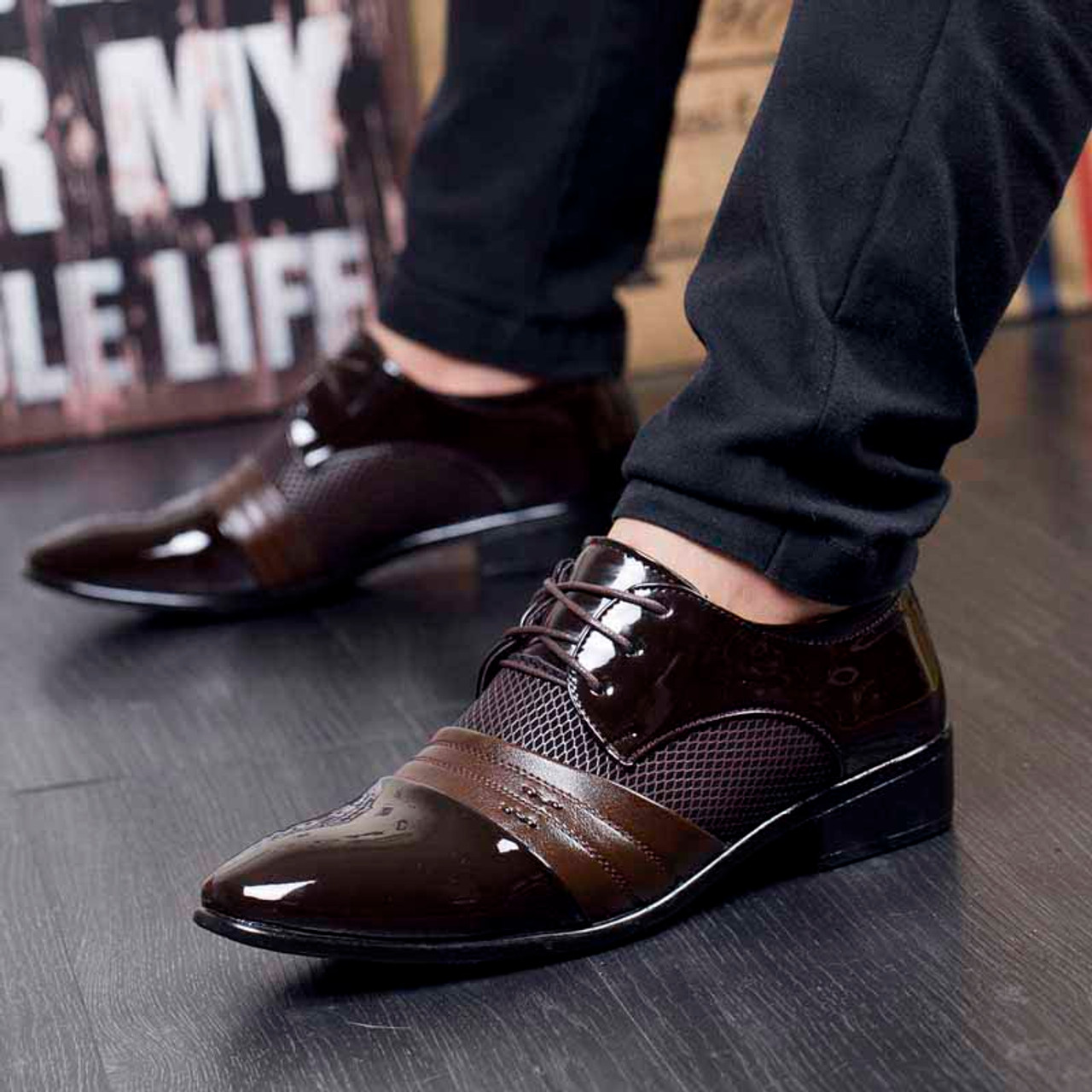 Brown check pattern leather derby dress shoe | Mens dress shoes online ...