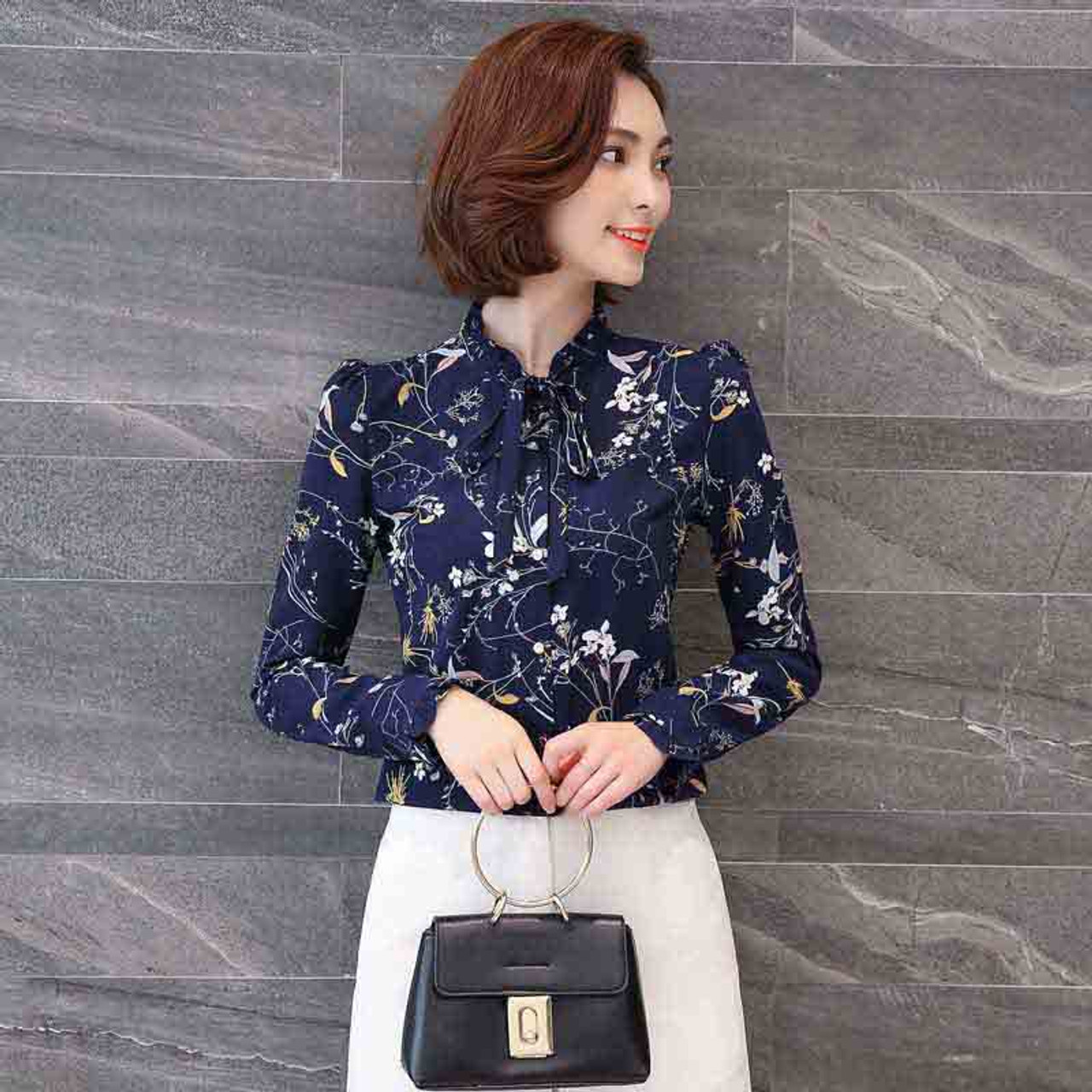 jovati Fashion Women Casual Long Sleeve Floral Print Chiffon Shirt