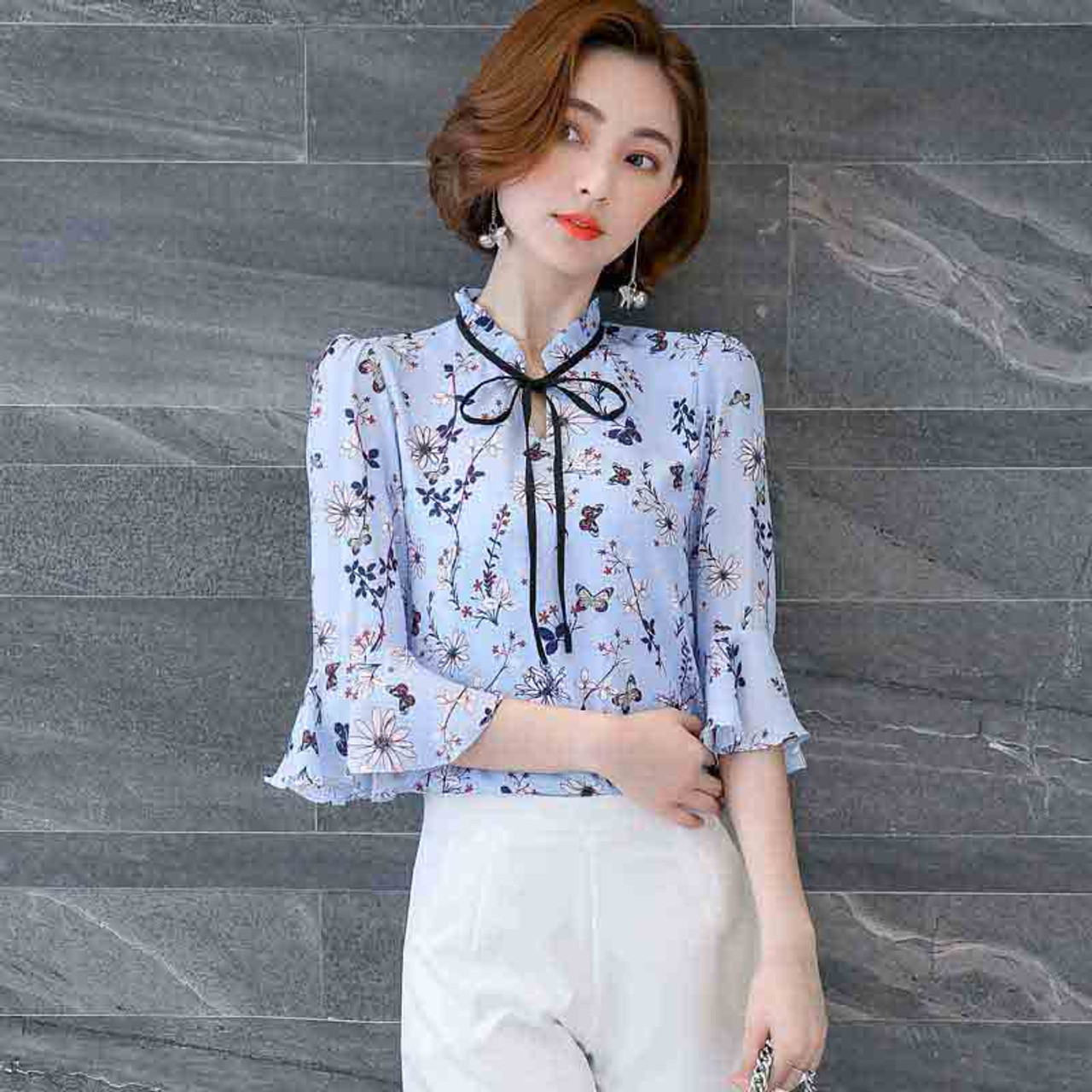 Blue floral pattern print mid fluted sleeve shirt | Womens shirts ...