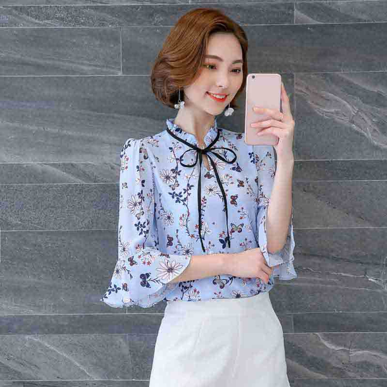 Blue floral pattern print mid fluted sleeve shirt | Womens shirts ...