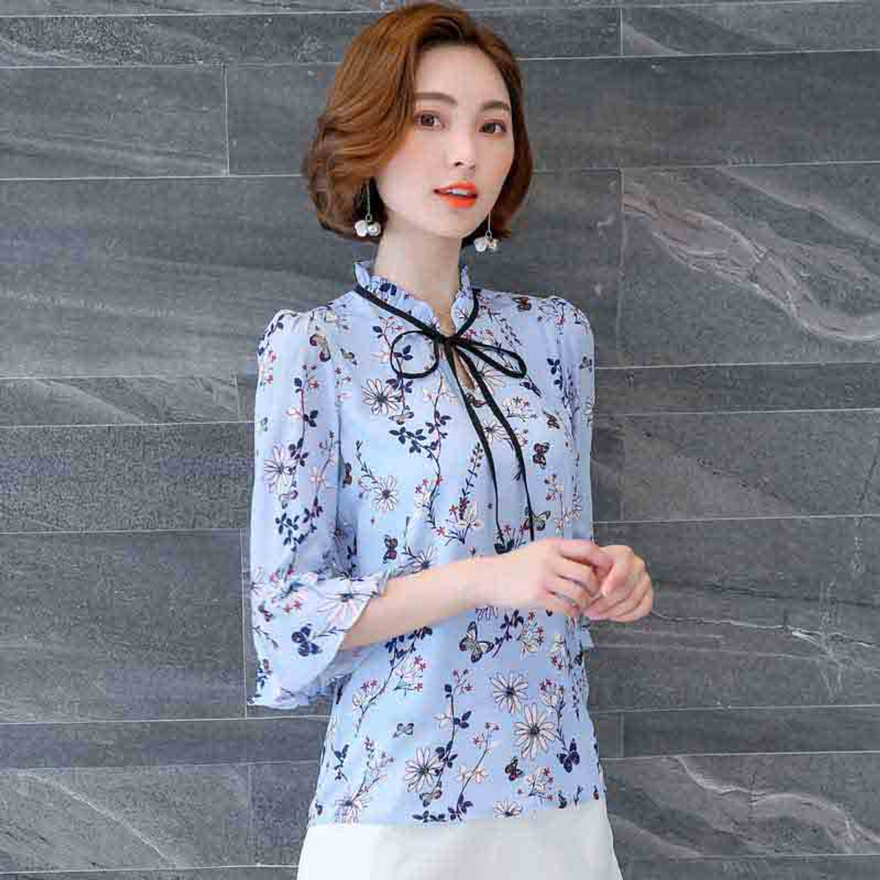 Blue floral pattern print mid fluted sleeve shirt | Womens shirts ...
