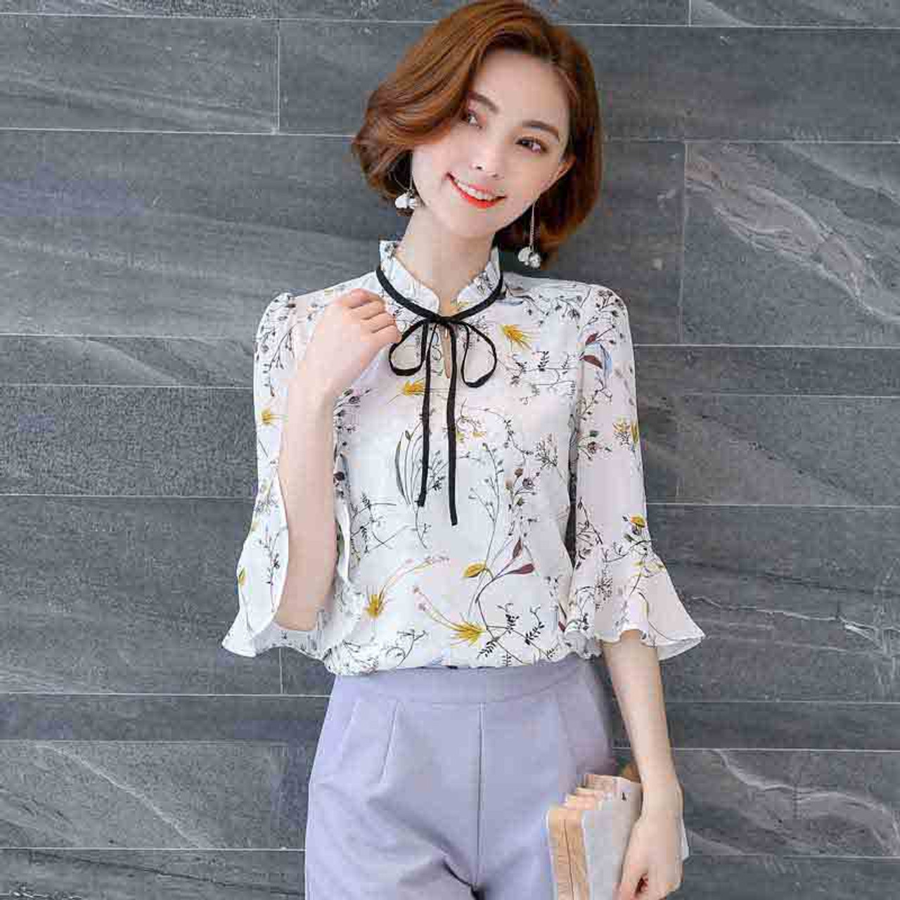 Yellow white floral pattern print mid fluted sleeve shirt | Womens ...