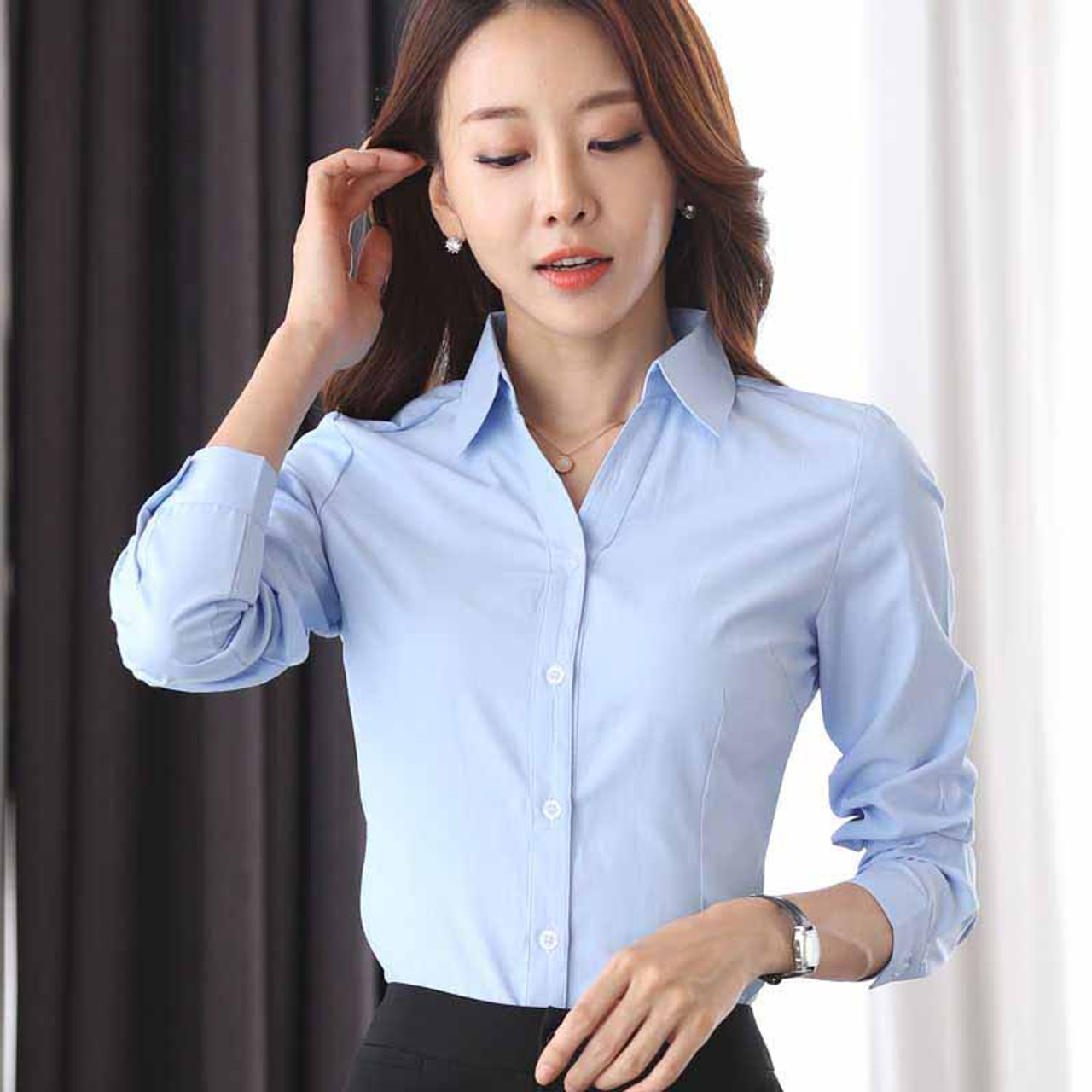 Blue plain long sleeve button shirt | Womens shirts clothing online ...