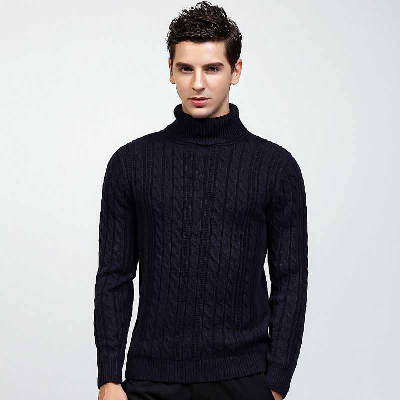 Black knit pattern high neck long sleeve sweater Mens sweaters