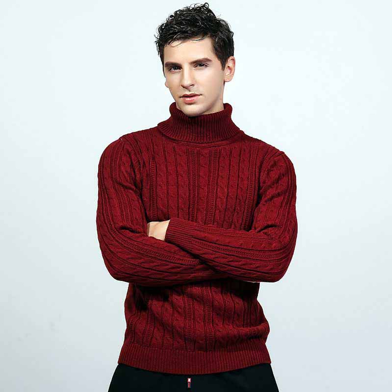 Red Knit Pattern High Neck Long Sleeve Sweater Mens Sweaters