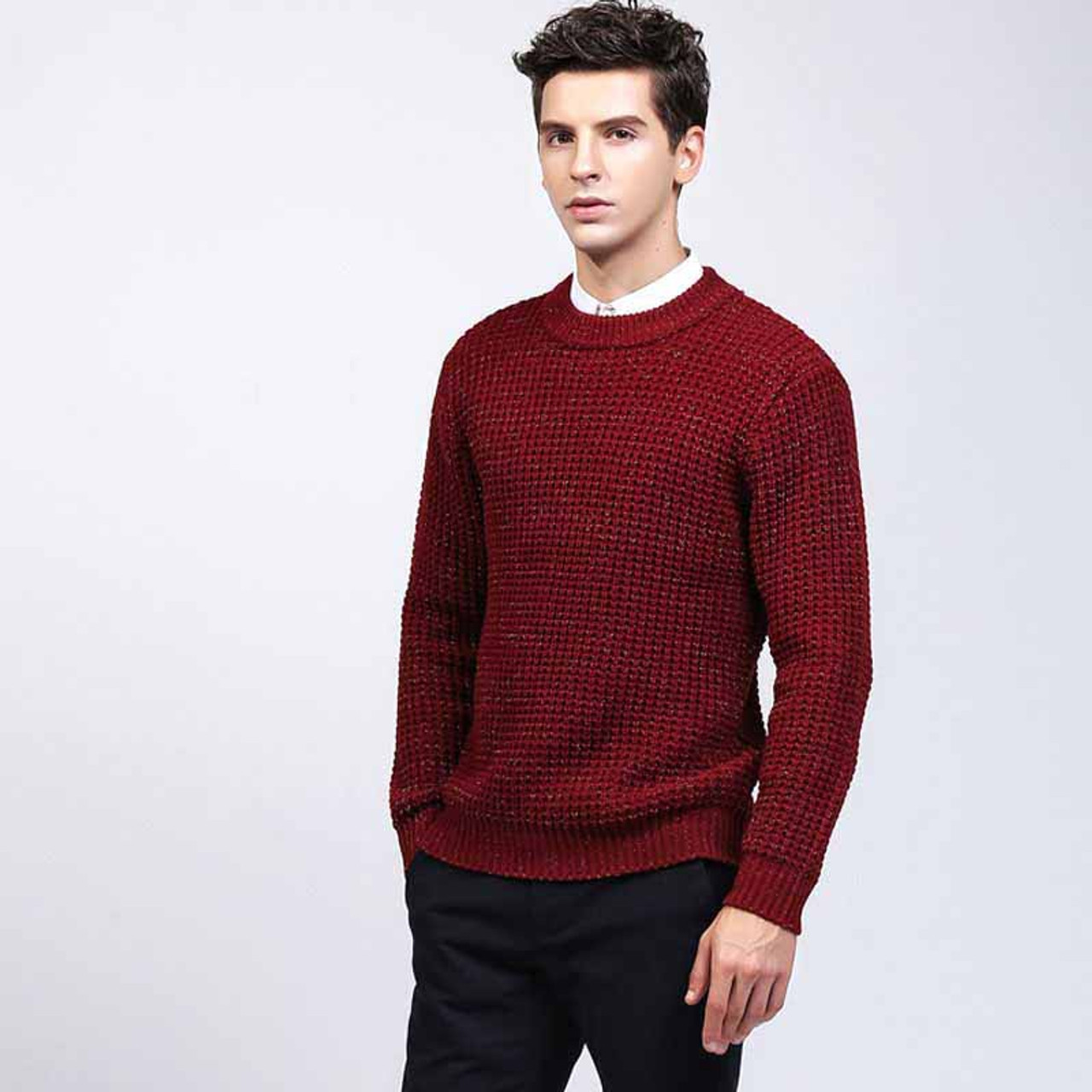Red check round neck long sleeve sweater | Mens sweaters online 1267MCLO