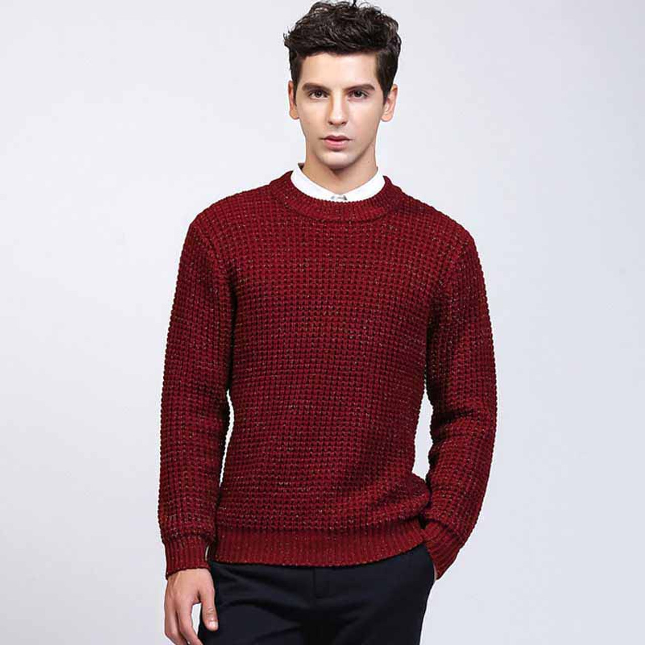 Red check round neck long sleeve sweater Mens sweaters online