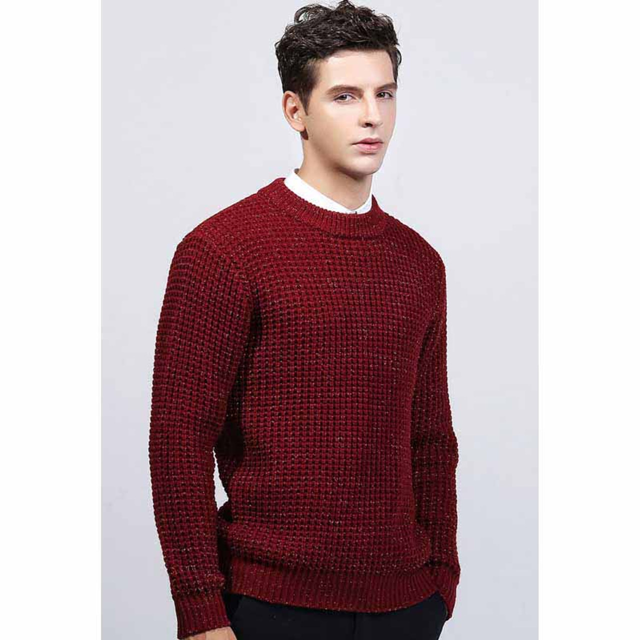 Red check round neck long sleeve sweater | Mens sweaters online 1267MCLO