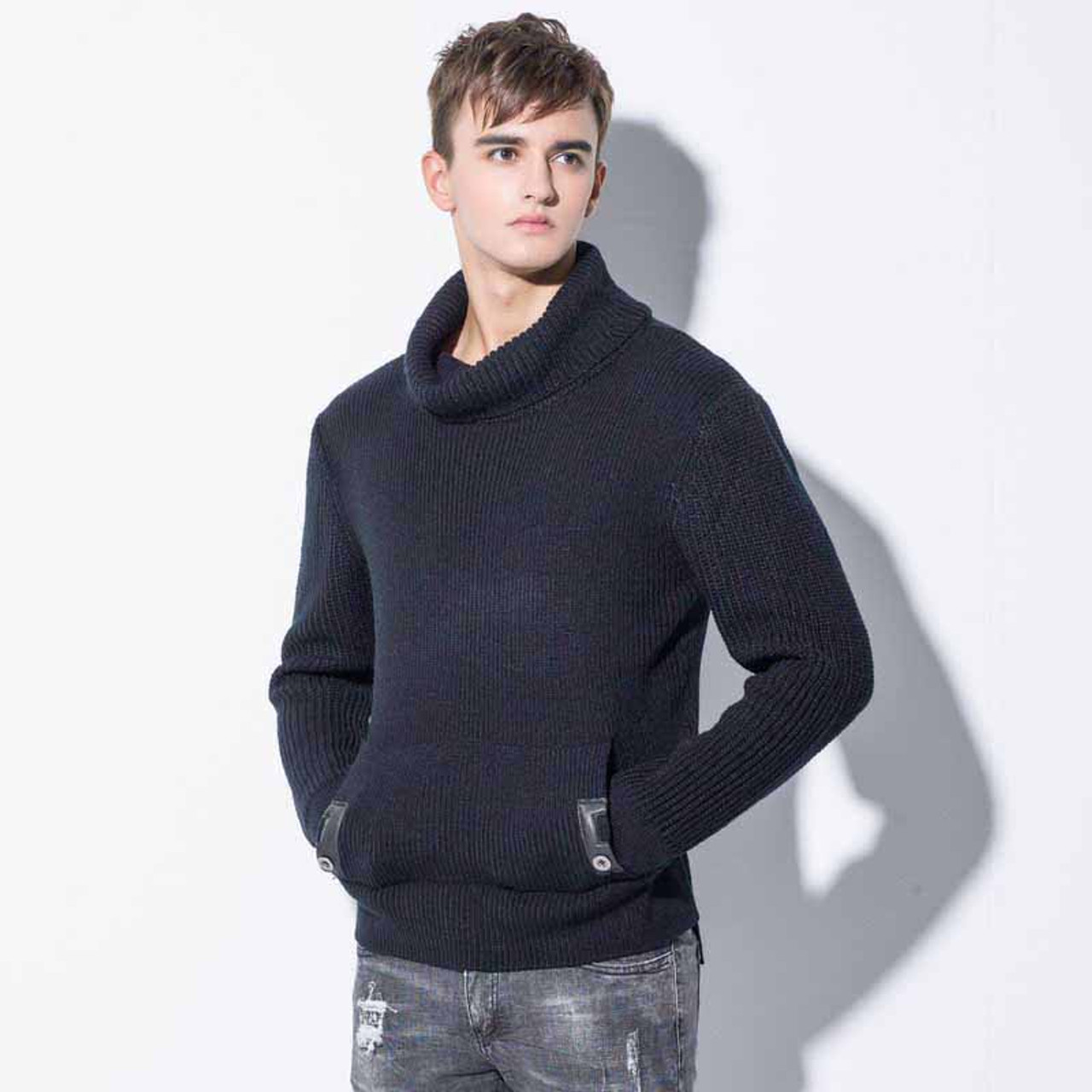 Foto zeewier Leugen Black knit stripe high neck long sleeve sweater | Mens sweaters online  1268MCLO