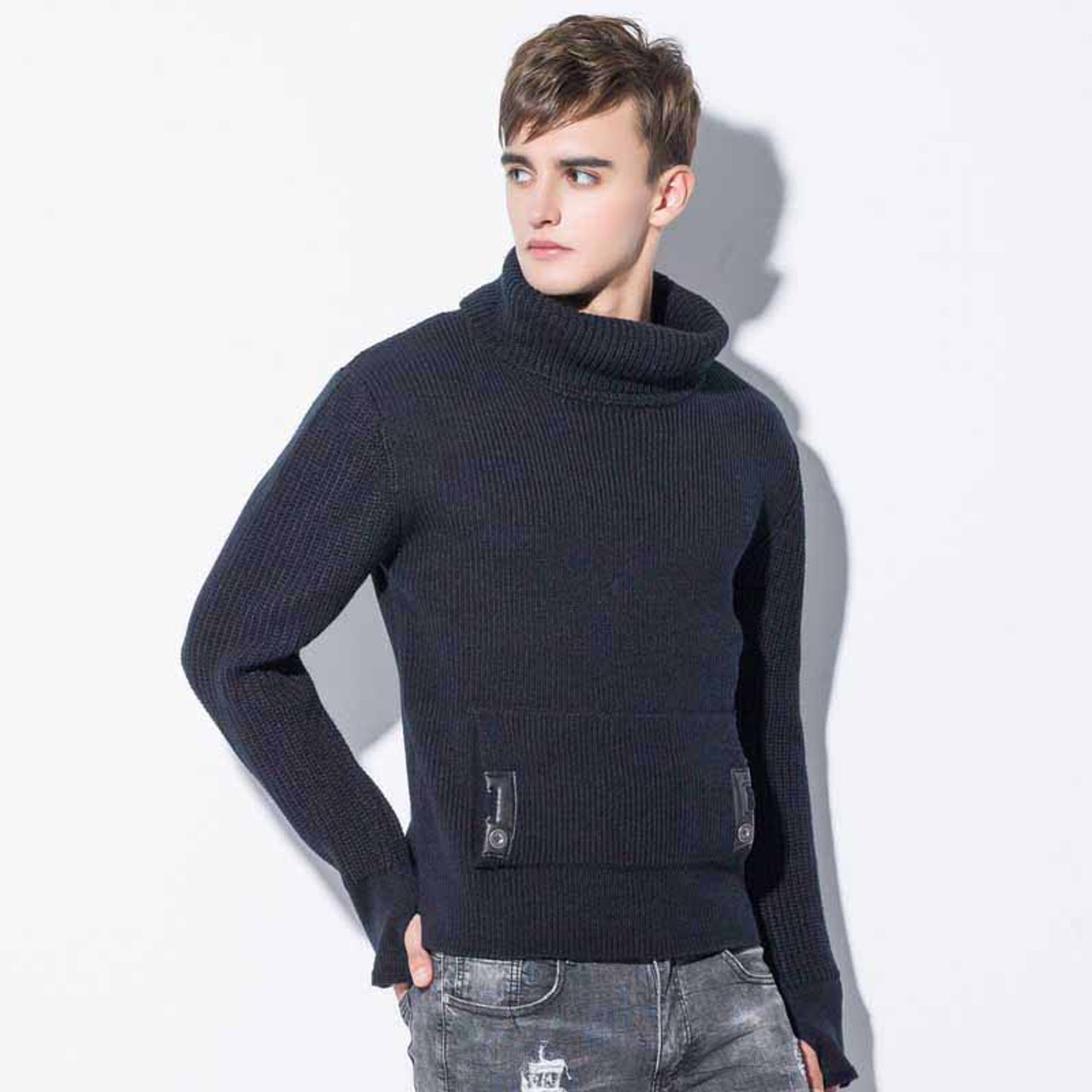 Black knit stripe high neck long sleeve sweater | Mens sweaters online ...