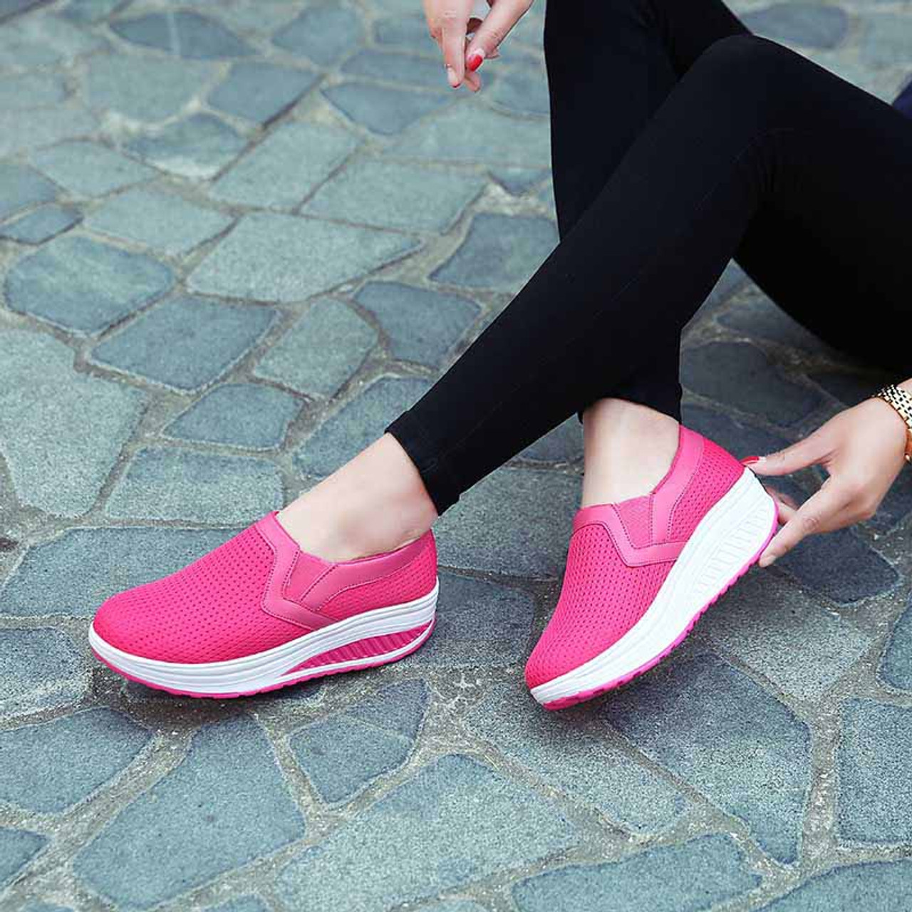Rose red plain slip on rocker bottom shoe sneaker | Womens rocker shoes ...