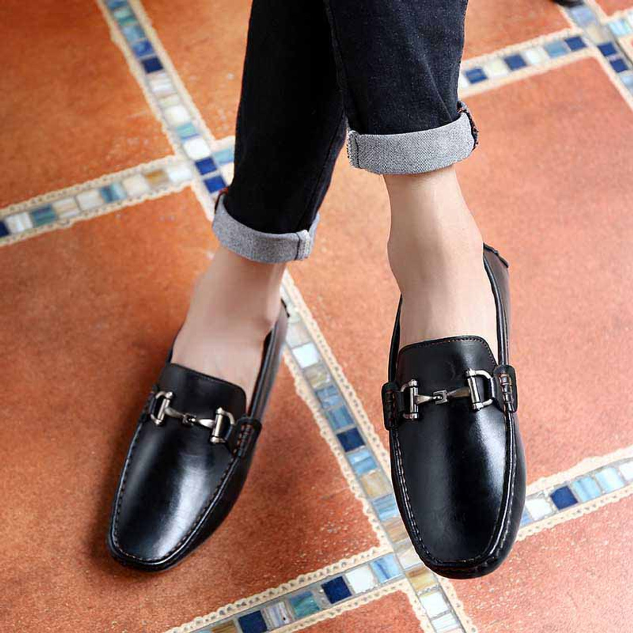 Black retro metal buckle leather slip on shoe loafer | Mens loafers ...