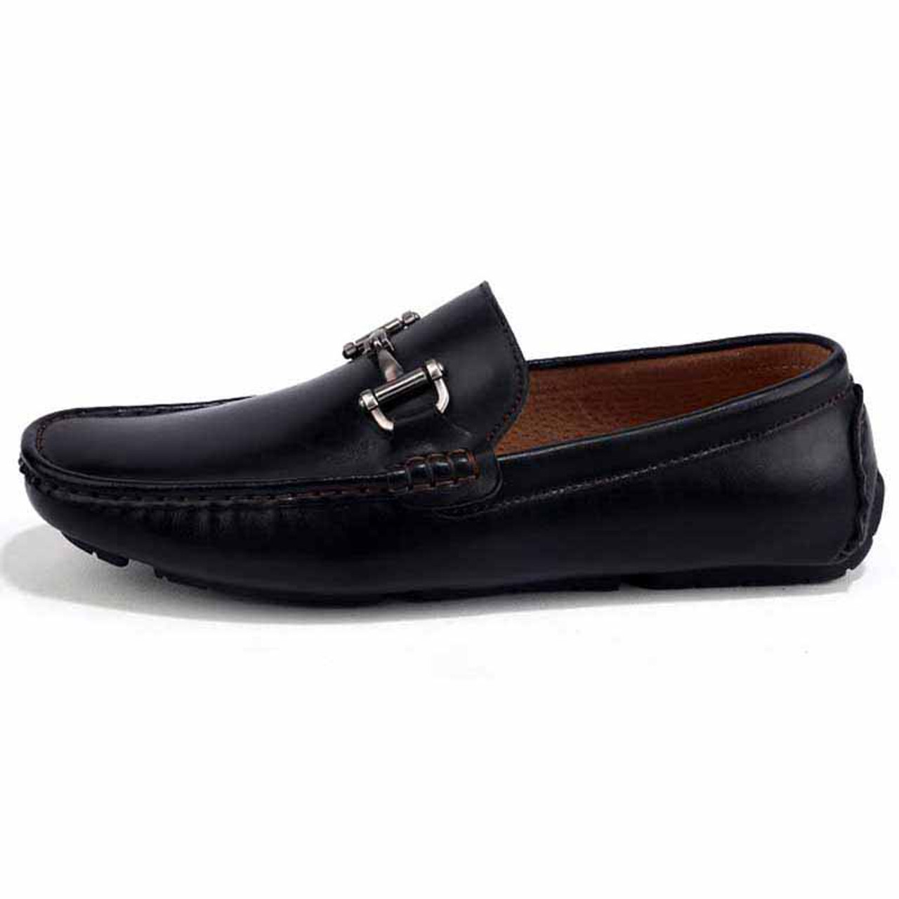 Black retro metal buckle leather slip on shoe loafer | Mens loafers ...