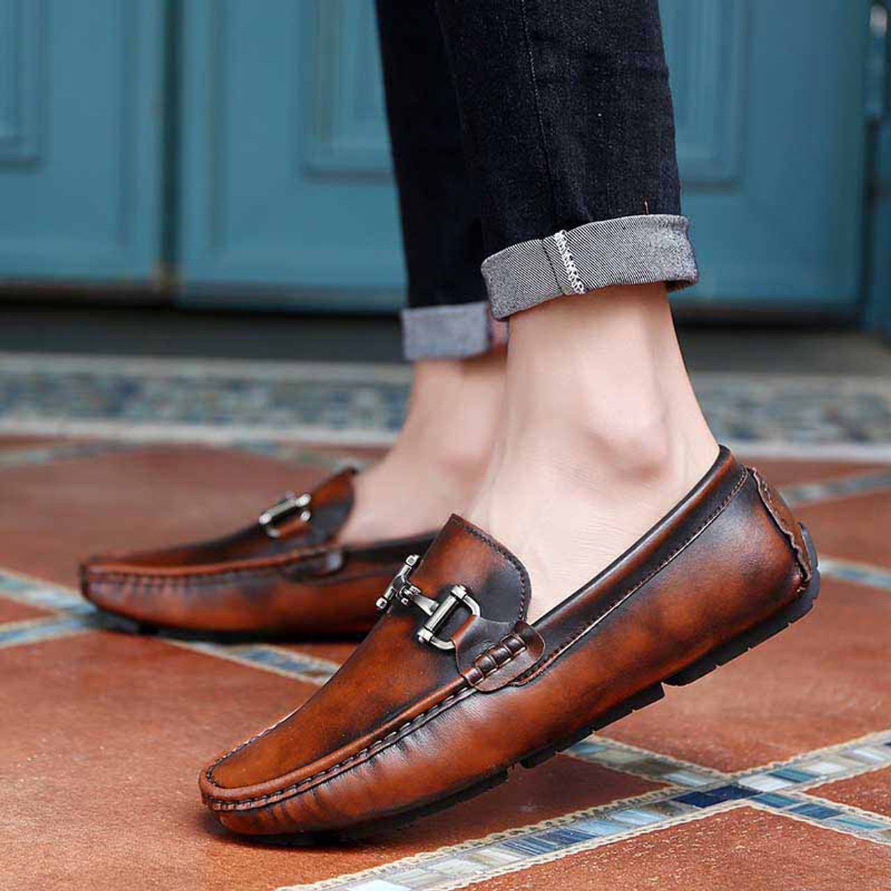 Brown retro metal buckle leather slip on shoe loafer | Mens loafers ...