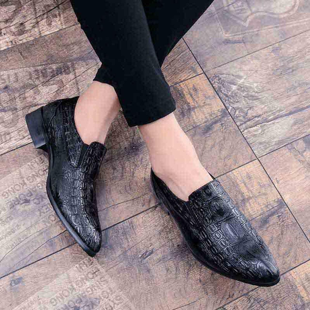 Black crocodile skin patent leather slip on dress shoe | Mens dress ...