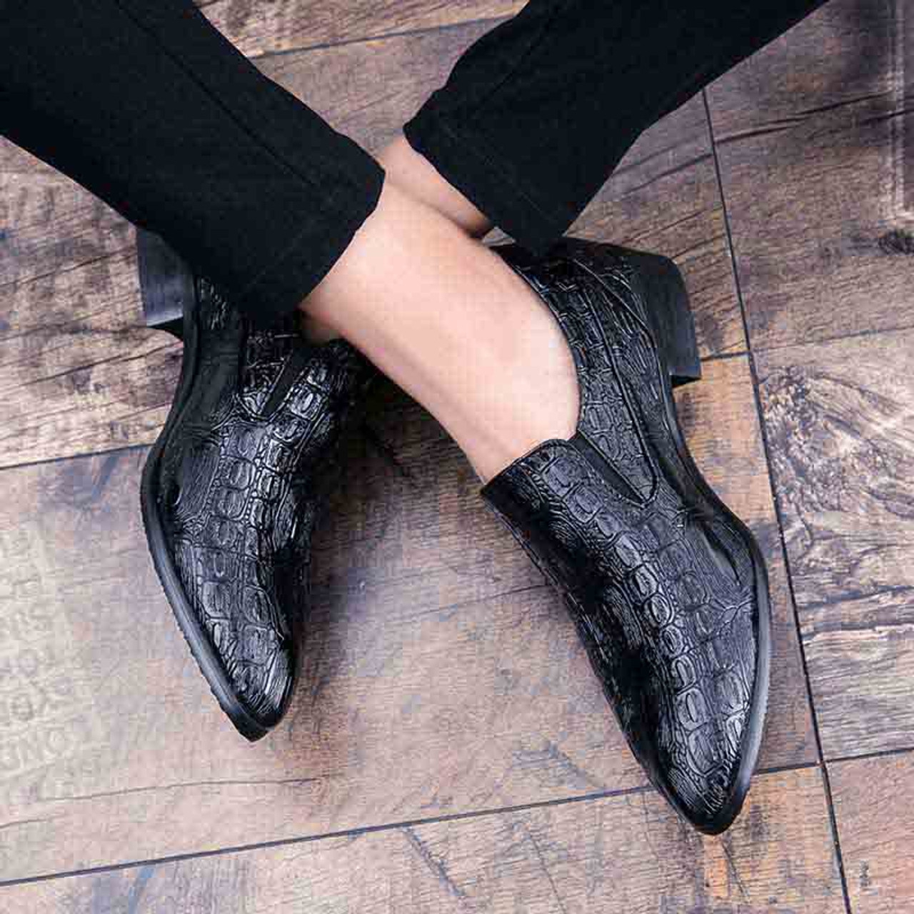 Black crocodile skin patent leather slip on dress shoe | Mens dress ...