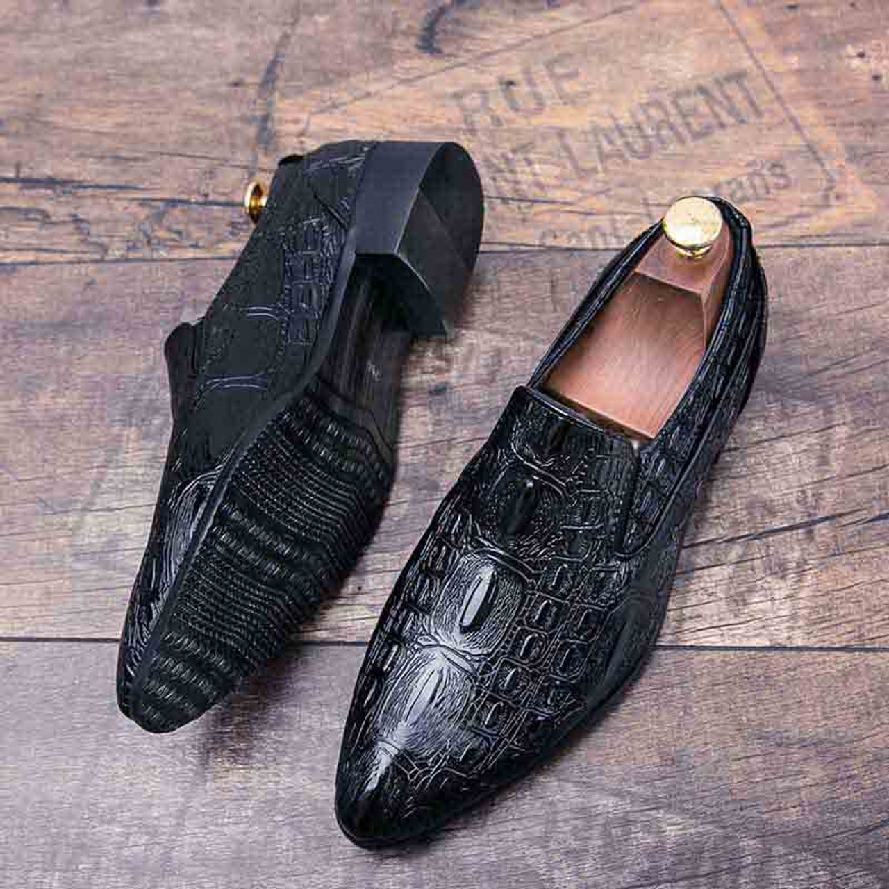 Black crocodile skin patent leather slip on dress shoe | Mens dress ...