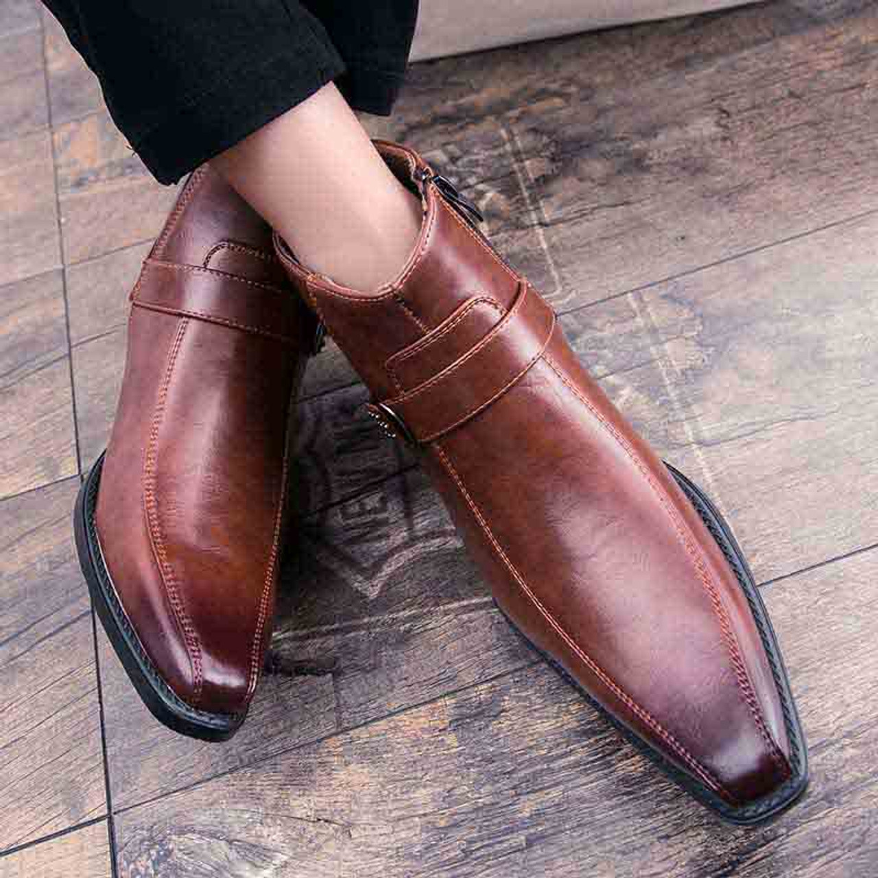 Brown buckle design zip slip on dress shoe boot | Mens shoe boots ...