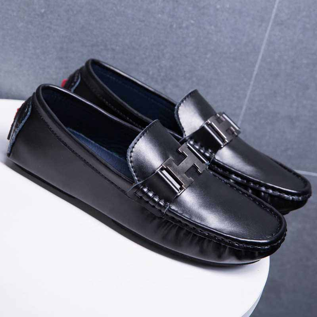 Black metal buckle leather slip on shoe loafer | Mens loafers online 1402MS